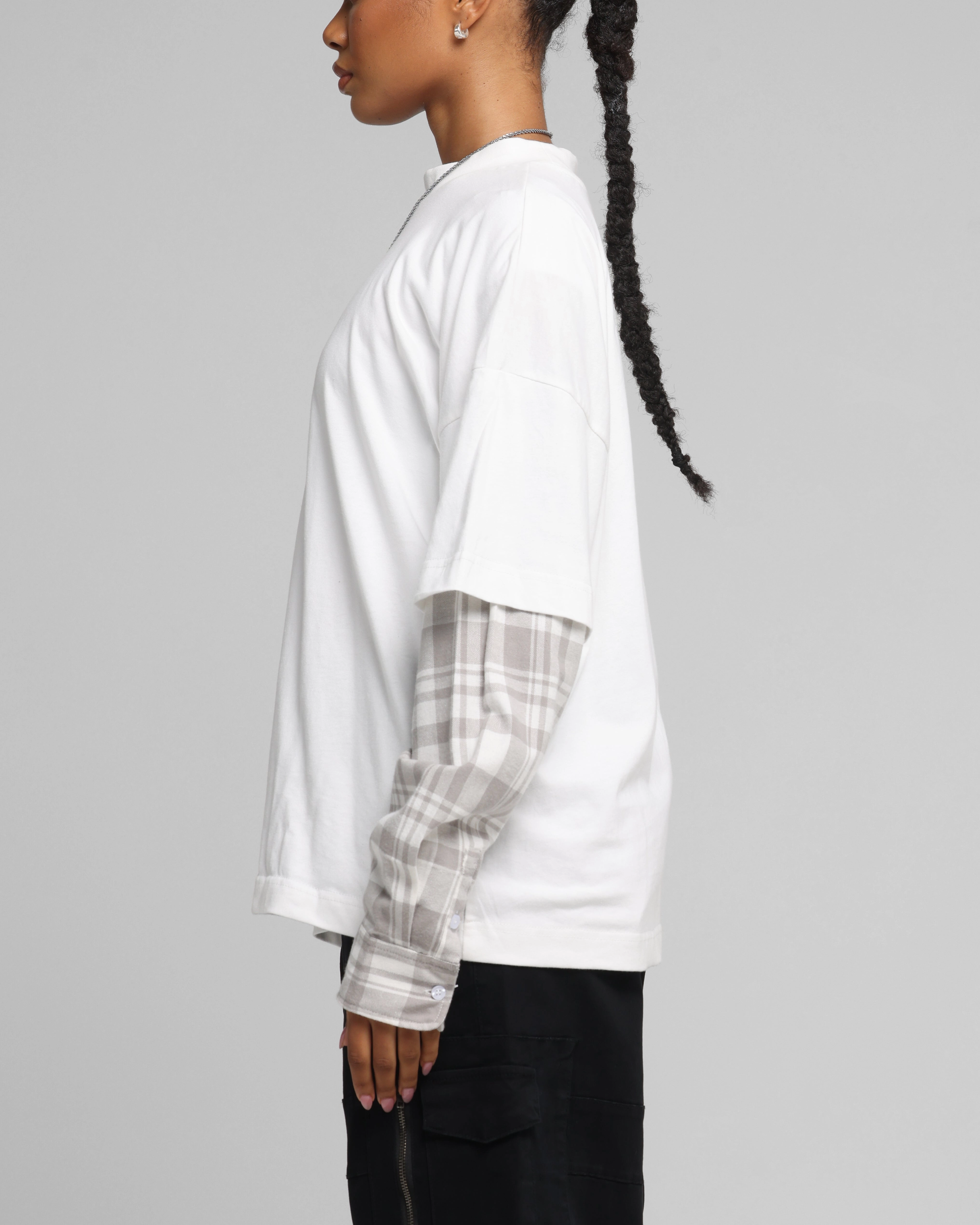 Natural Fiber Blend Loiter Layered Flannel T-Shirt Cream