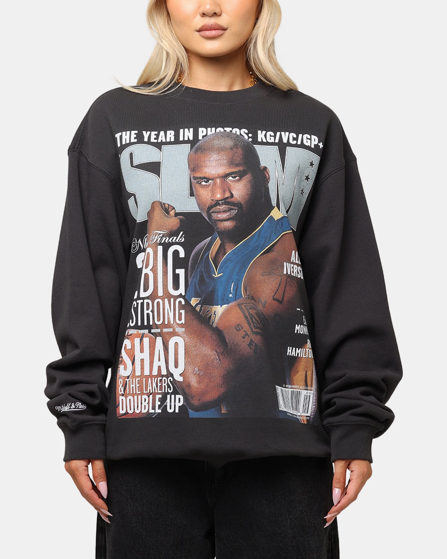 DurableBlend Mitchell & Ness Los Angeles Lakers Shaquille O'Neal Slam Magazine Crewneck Faded Black
