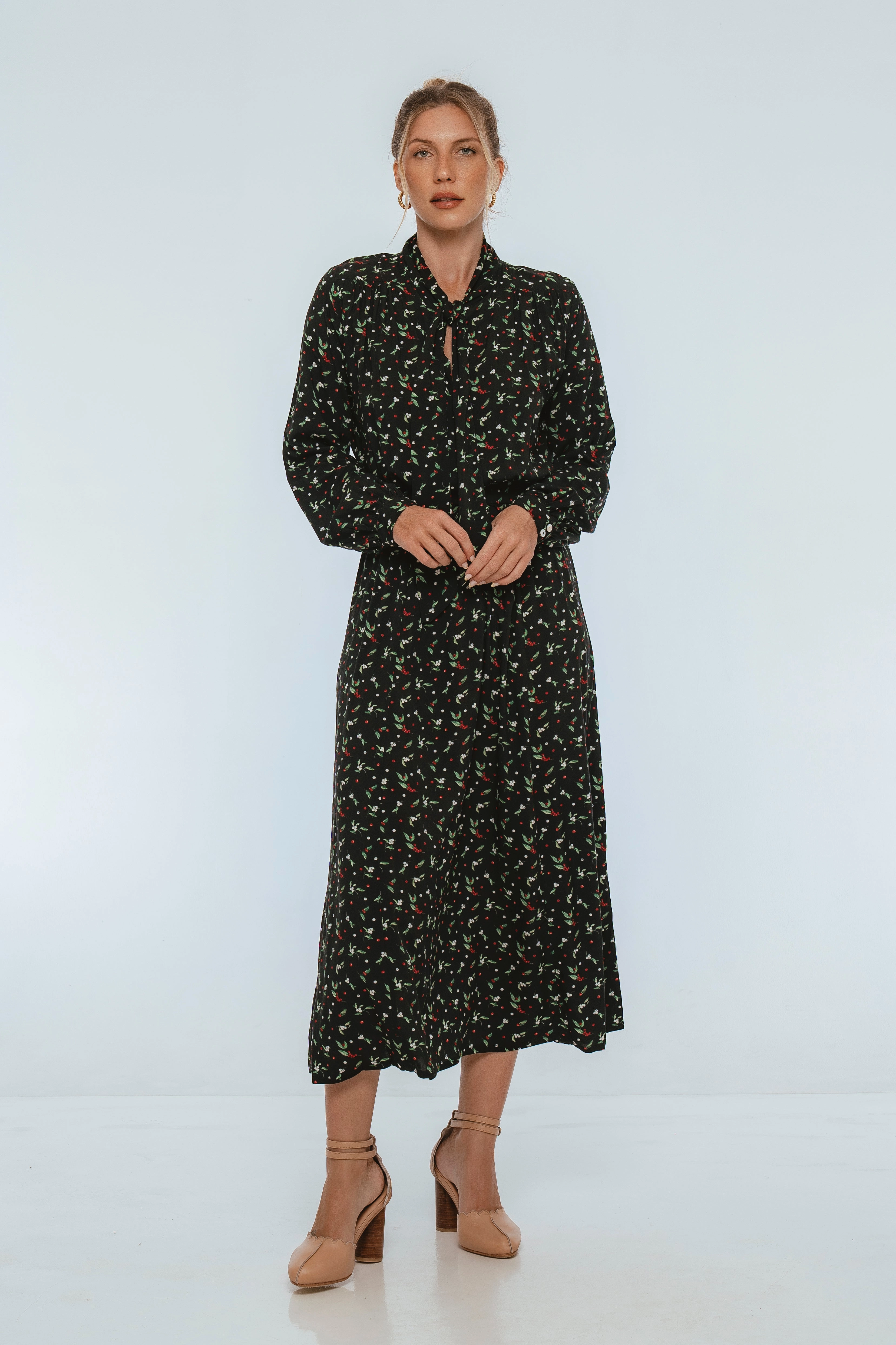 Evelina Long Sleeve Midi Dress Wrap style Garden Fresh