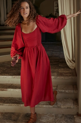 Alila Smocked Linen Midi Dress Fashion Mix