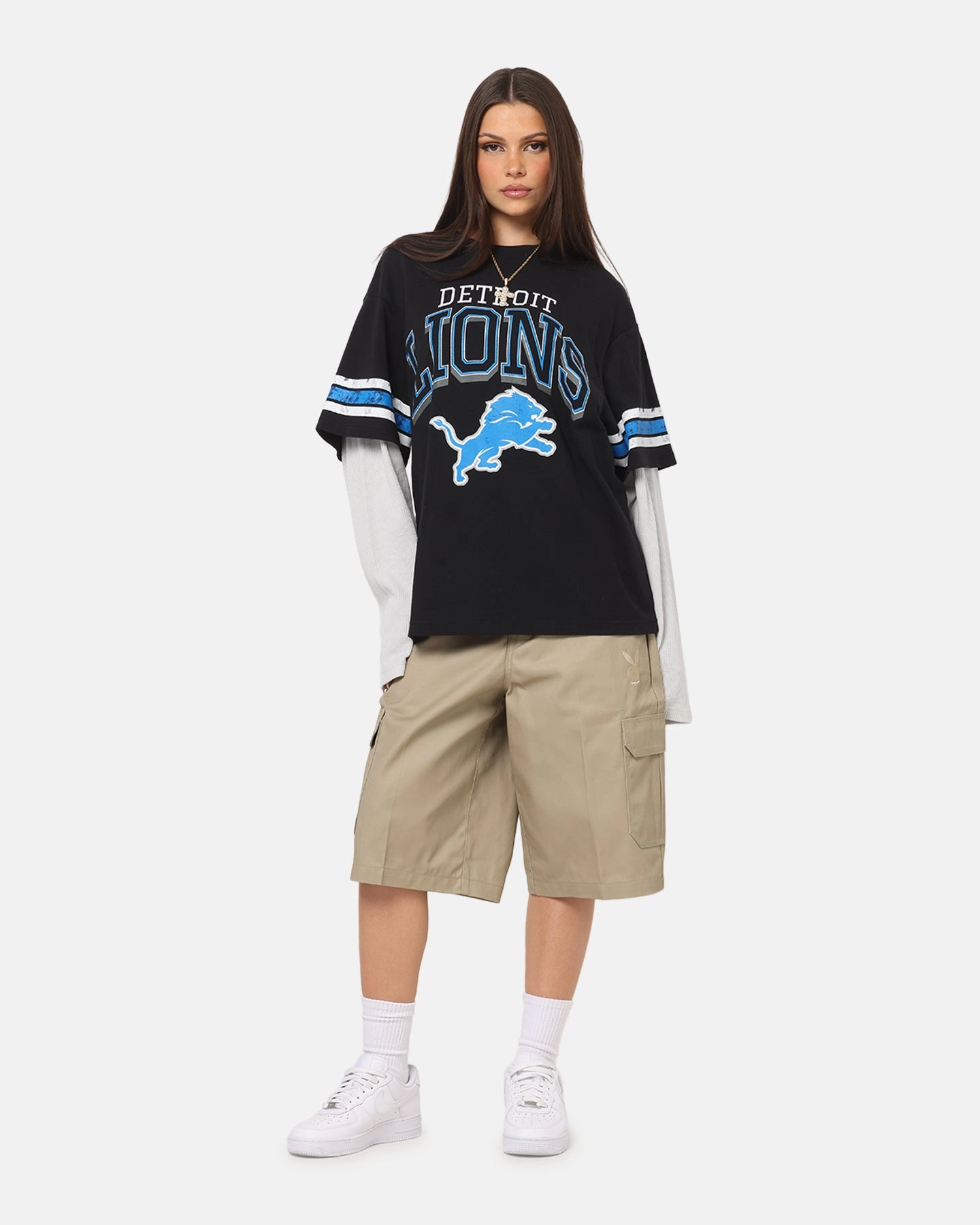 Low Profile Zipper Closure Mitchell & Ness Detroit Lions Waffle Mock Layer Long Sleeve T-Shirt Black