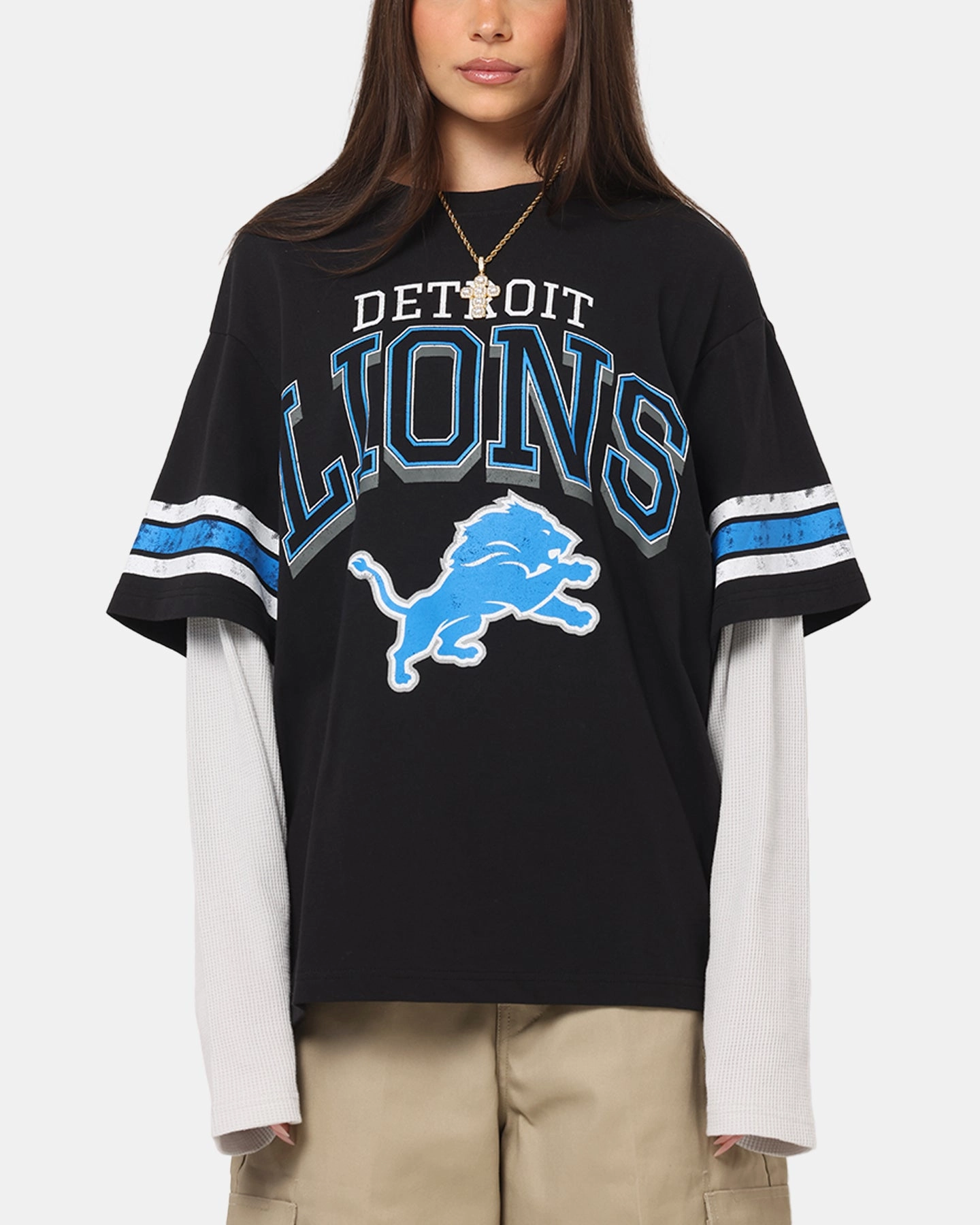 Mitchell & Ness Detroit Lions Waffle Mock Layer Long Sleeve T-Shirt Black AllClimateAdaptive Fitted Tank