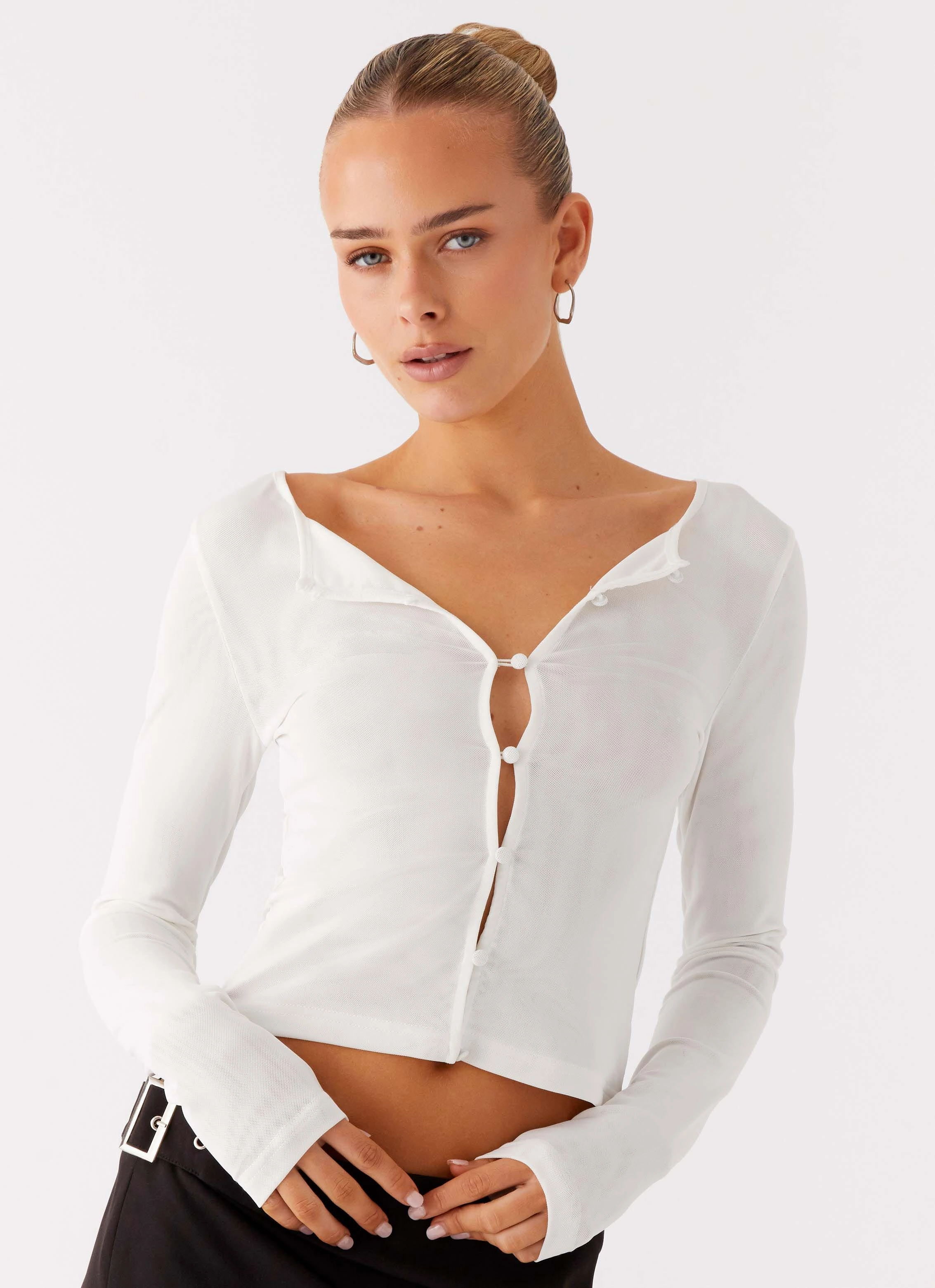 Fifth Ave Mesh Long Sleeve Top - Off White LayeredNeckline AllDay Comfort Tech