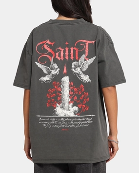 Hidden Zipper Pocket Saint Morta Candle Lit Boxy T-Shirt Black Wash