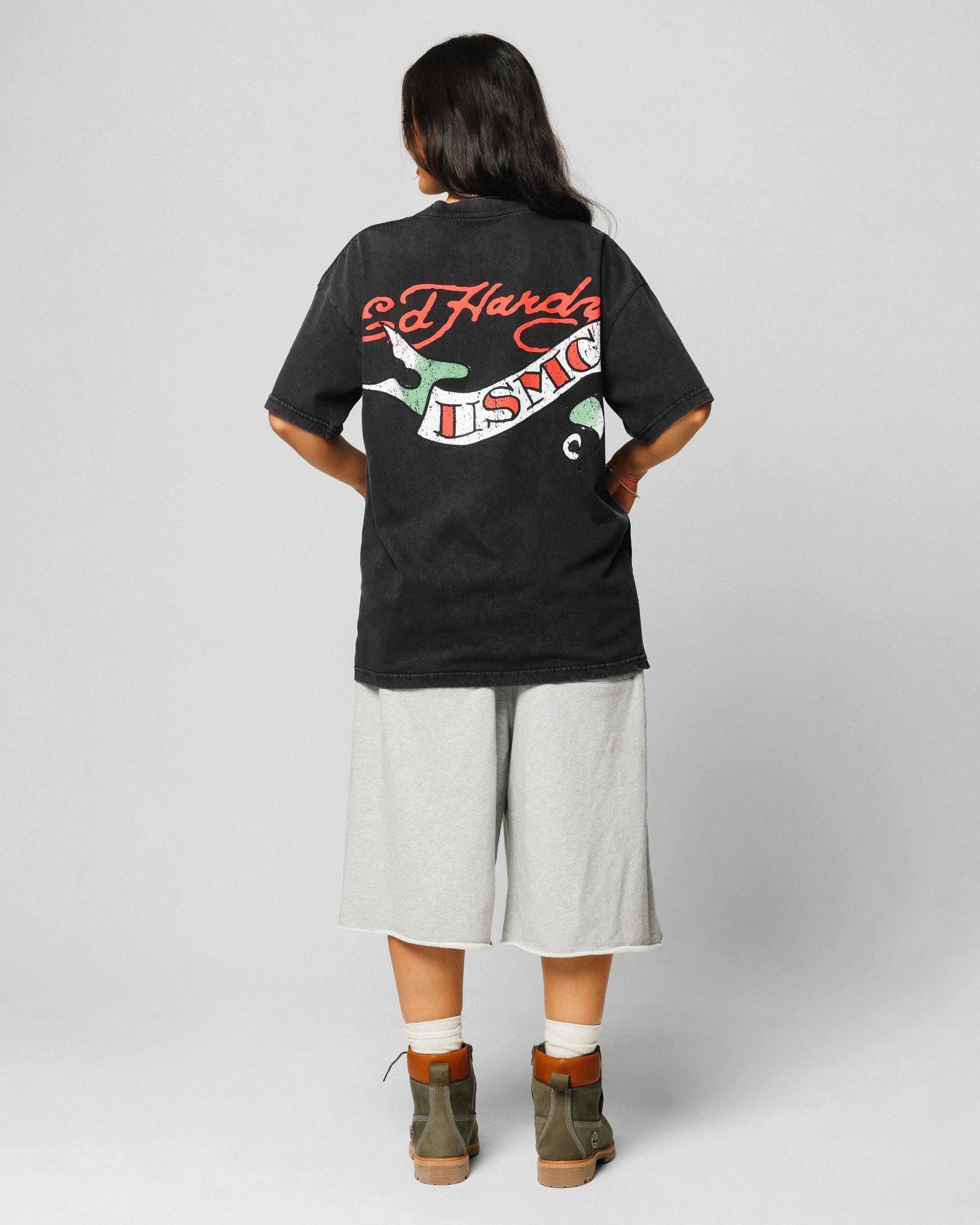 Ed Hardy Born To Lose T-Shirt Black Acidwash Asymmetrical hem Smooth Seam Transition