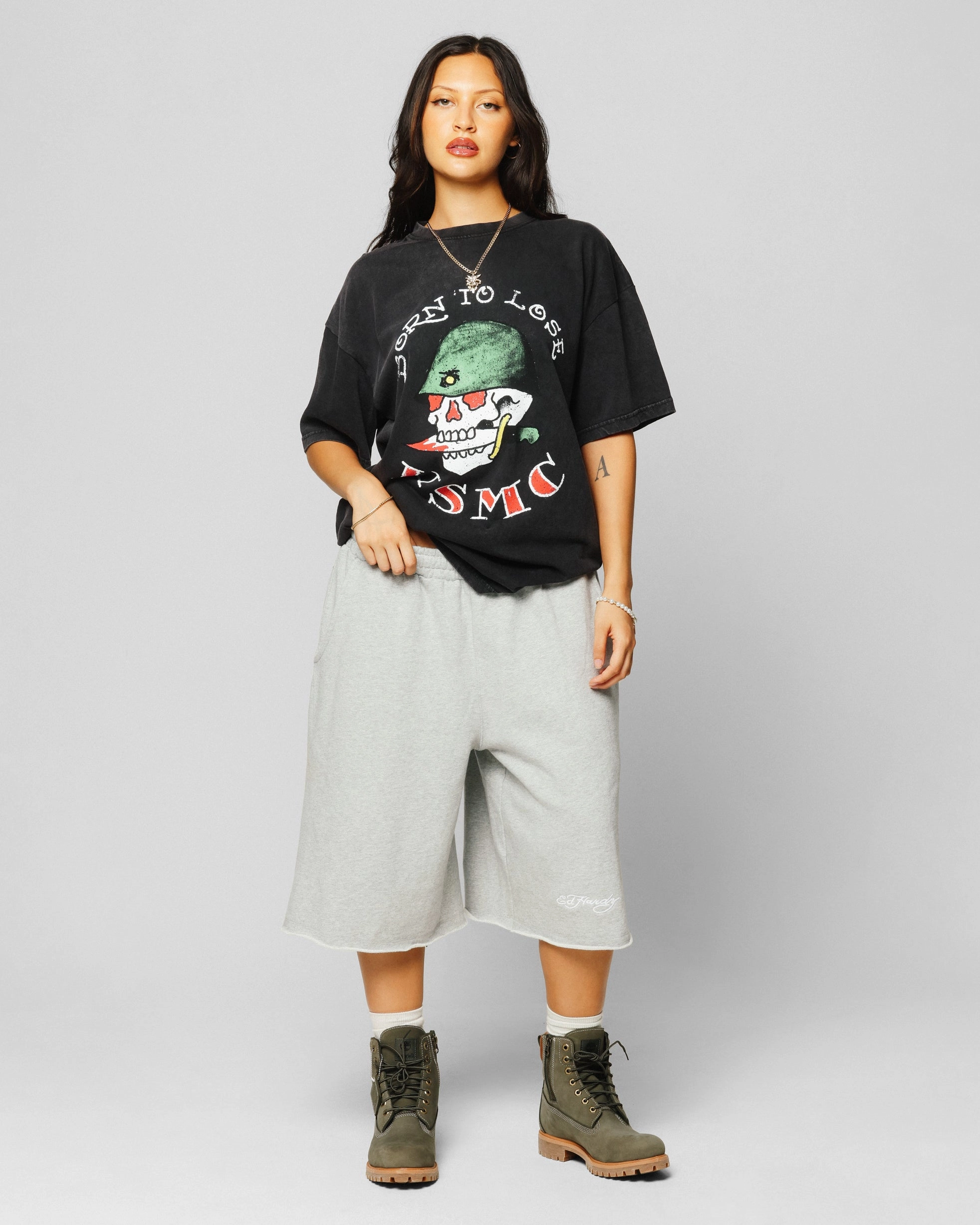 Ed Hardy Born To Lose T-Shirt Black Acidwash ThermalLining