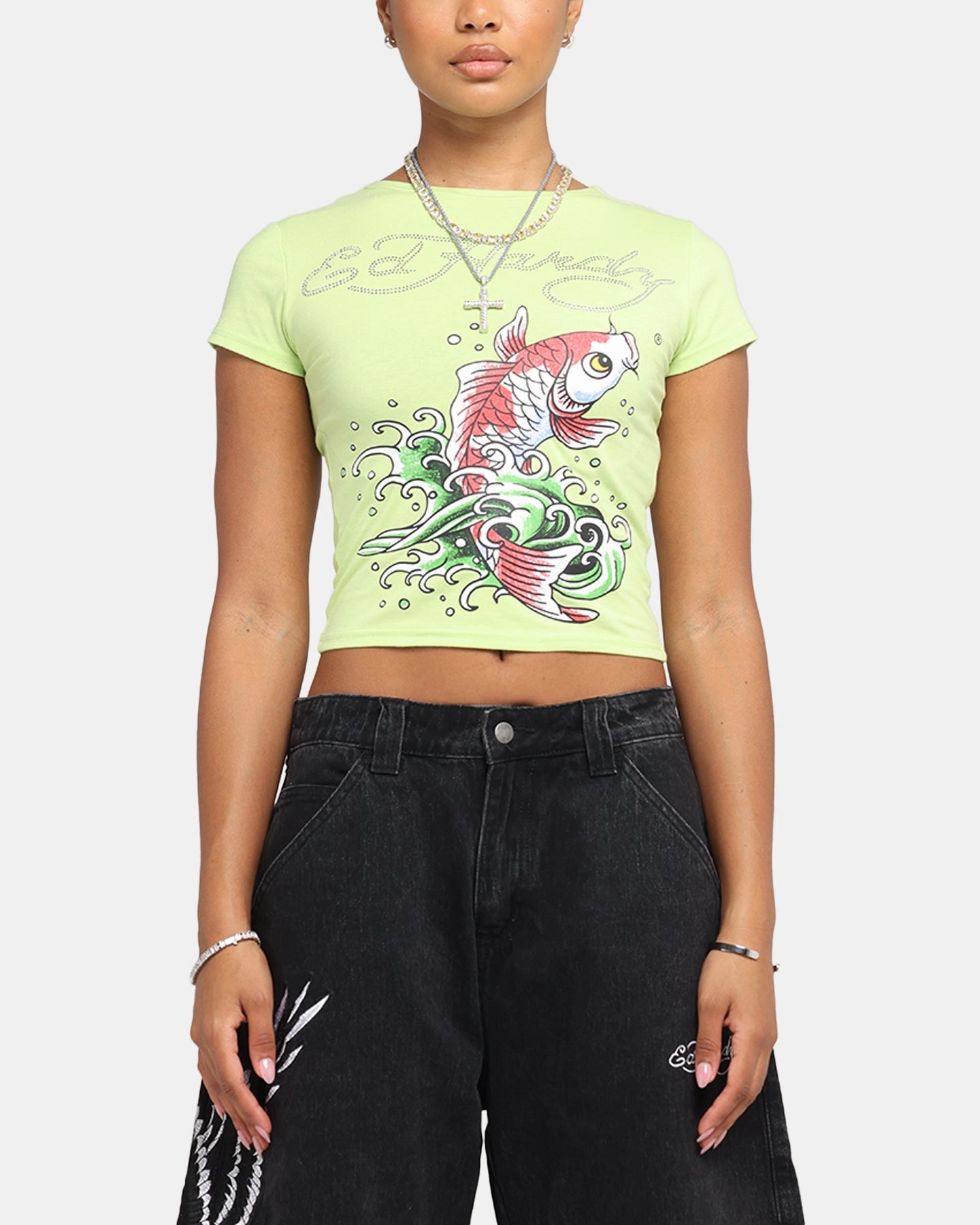 Ribbed Collar Style RelaxedNeckline Ed Hardy Women's Koi Baby T-Shirt Green