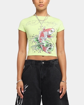 Ribbed Collar Style RelaxedNeckline Ed Hardy Women's Koi Baby T-Shirt Green