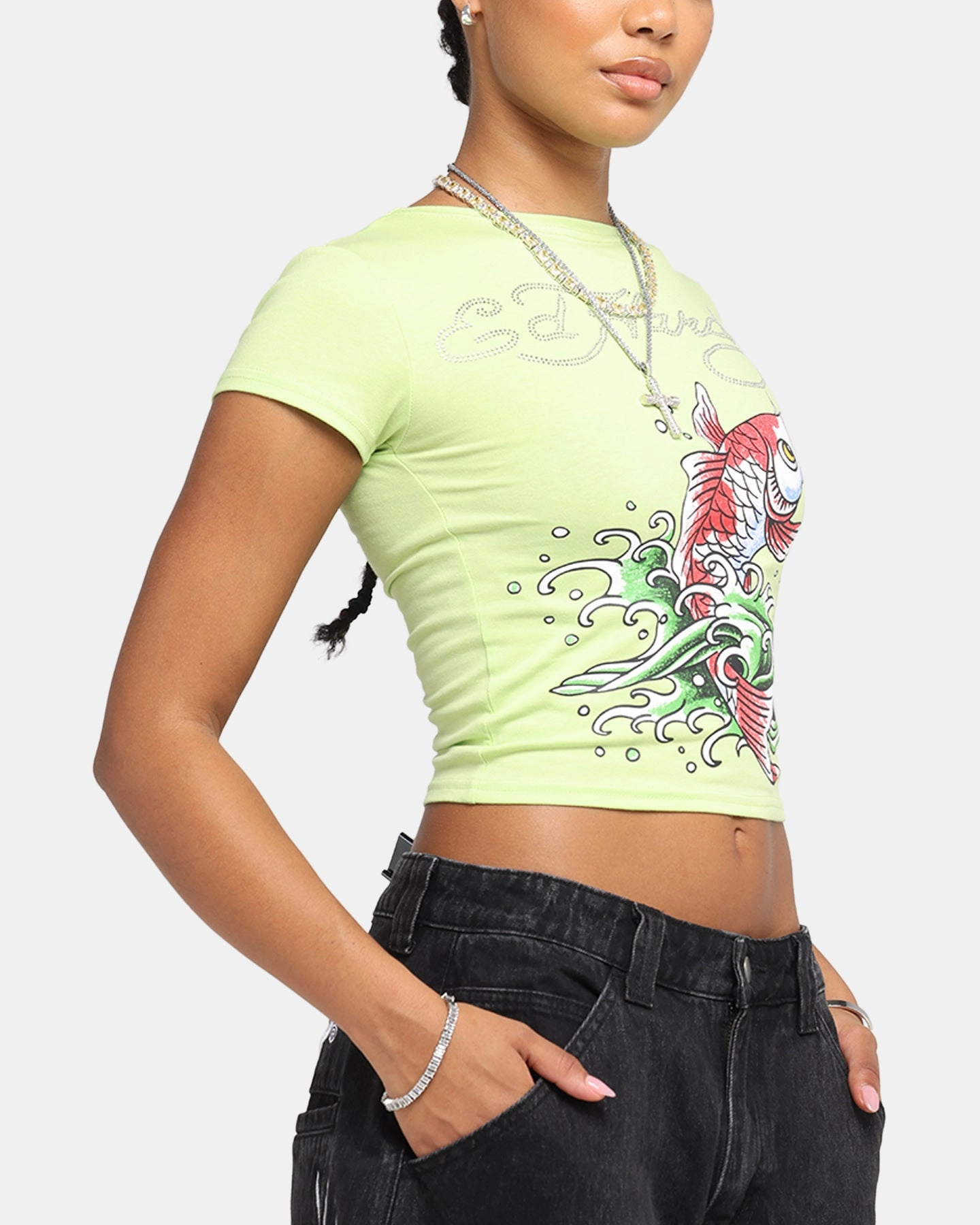 Flatlock Seam Ed Hardy Women's Koi Baby T-Shirt Green