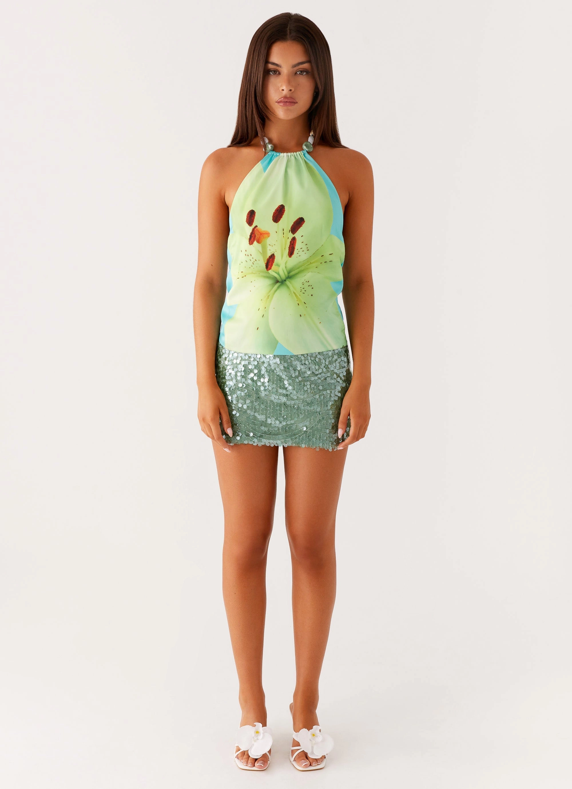 Tailored Seams Sandwich Mesh Panel Structure Dalila Beaded Tie Back Top - Turquoise Floral