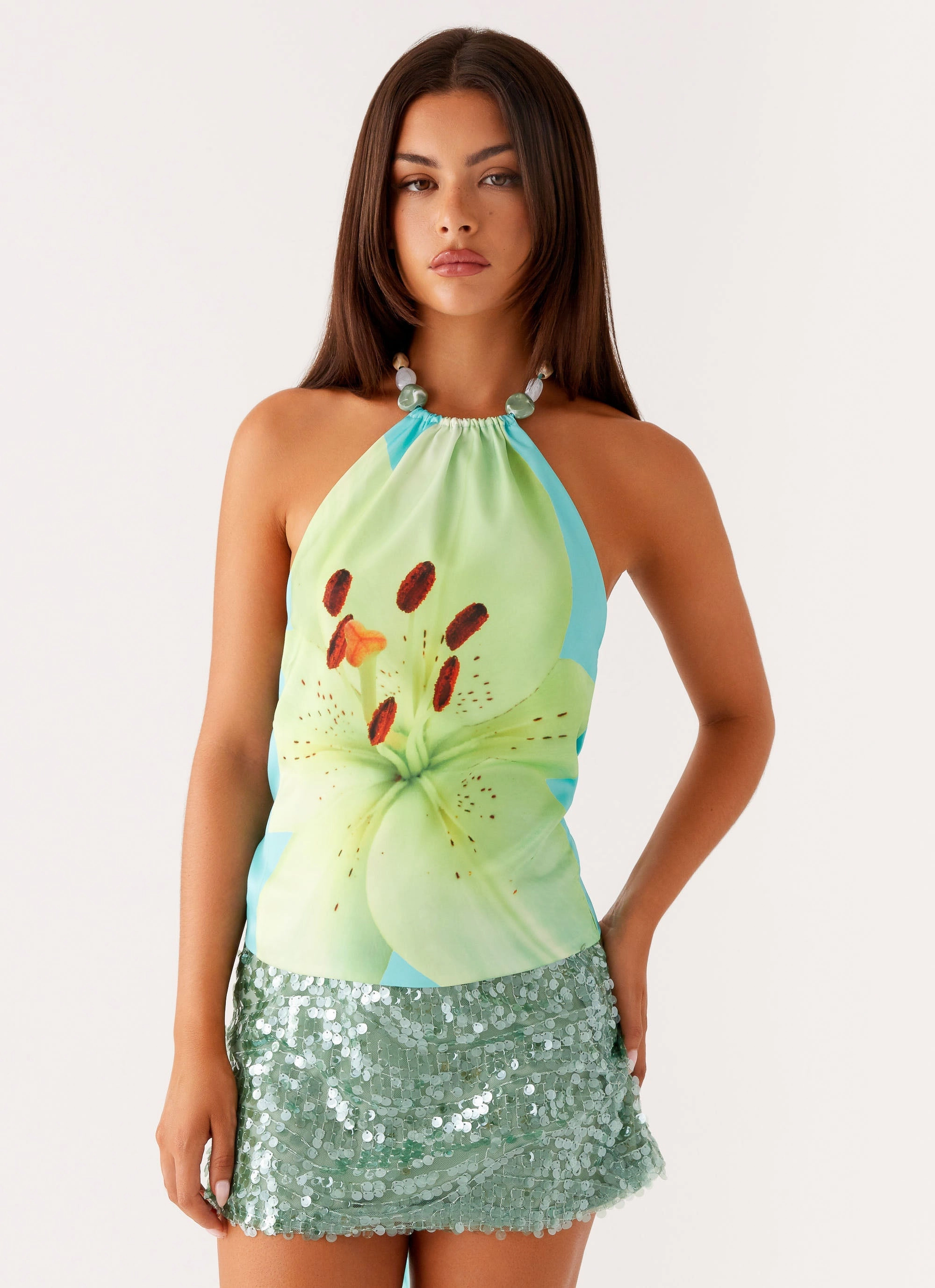Dalila Beaded Tie Back Top - Turquoise Floral Garment Washed Finish QuickReleaseFastenings