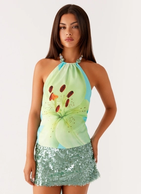 Dalila Beaded Tie Back Top - Turquoise Floral Garment Washed Finish QuickReleaseFastenings