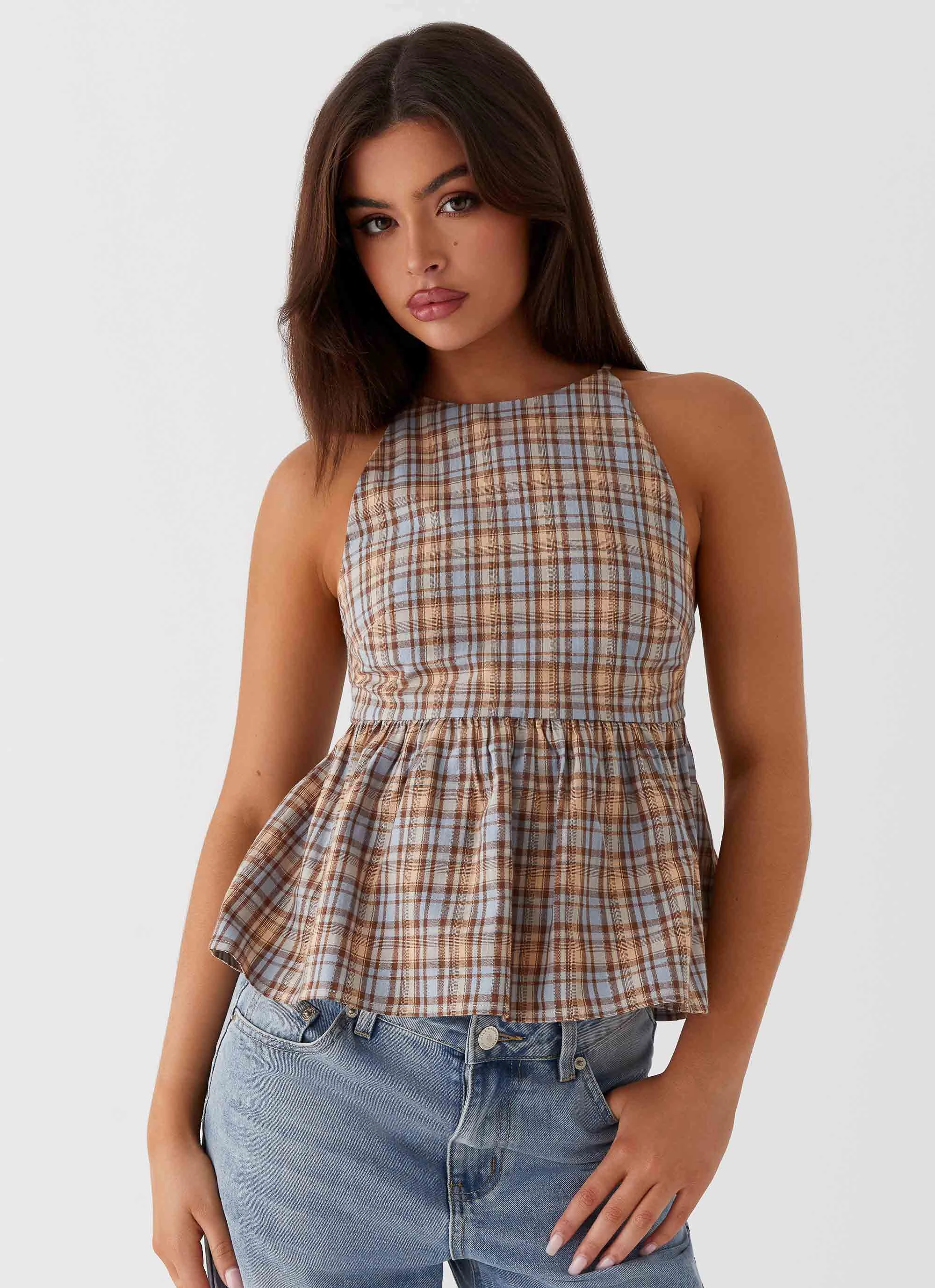 Tanith Ruffle Top - Brown Check Tagless Neckline Design Printed top