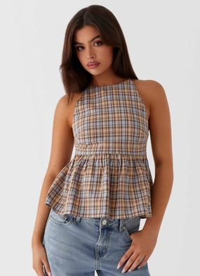 Tanith Ruffle Top - Brown Check Tagless Neckline Design Printed top