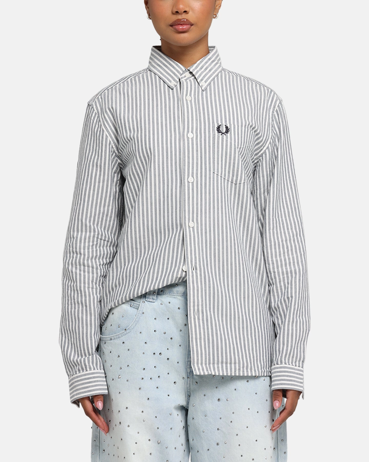 Fred Perry Stripe Oxford Shirt Blue Stretch Knit Fabric PocketDetails