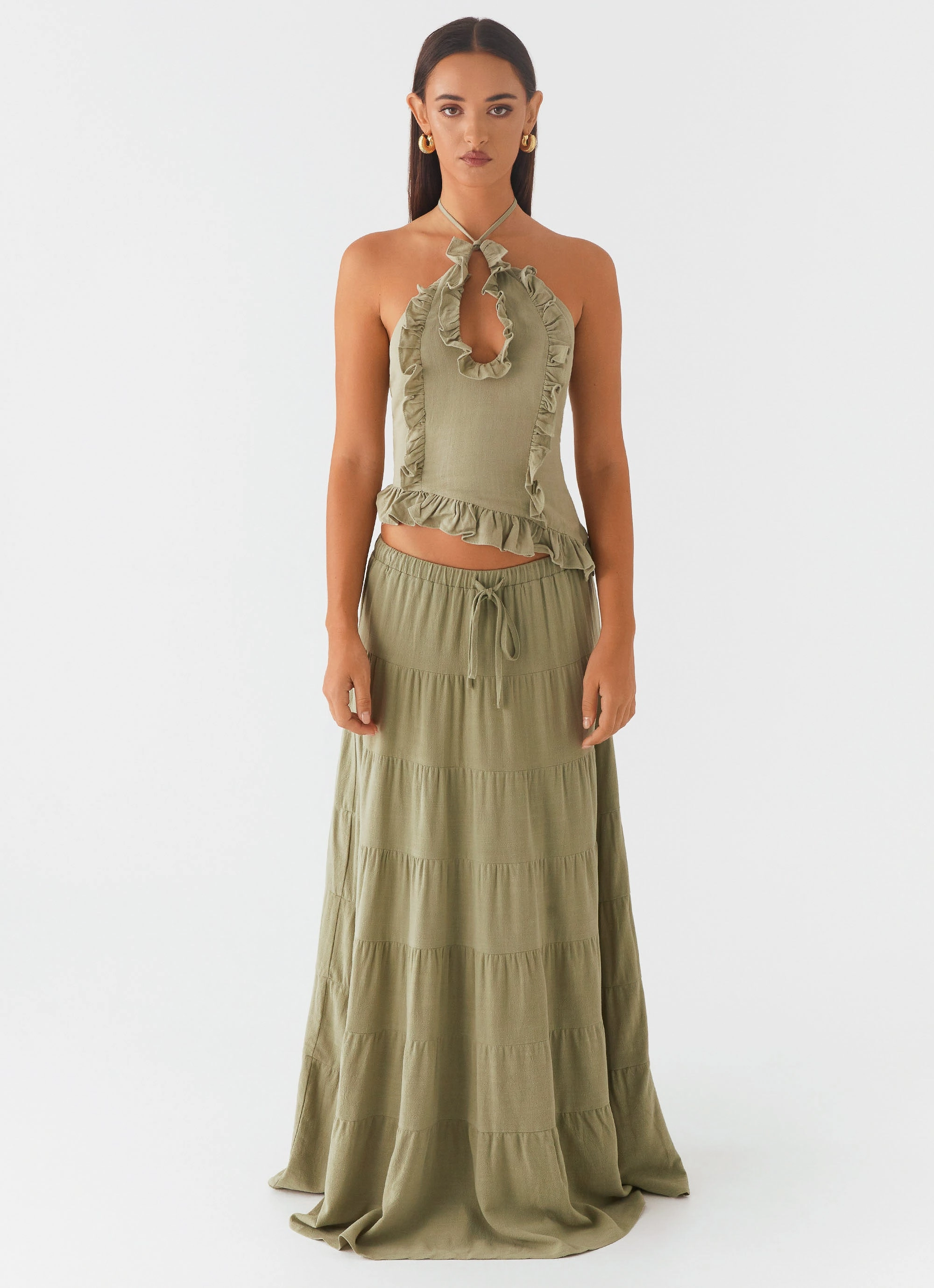 Compact Jacquard Weave Elegant Look Mariella Linen Top - Sage