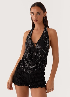 Gail Beaded Cowl Halterneck Top - Black High Neckline Oversized Silhouette