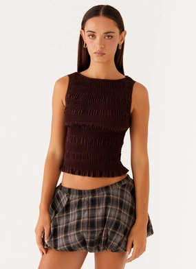 Garden Kisses Shirred Top - Brown Unstructured Fit Comfortable Design