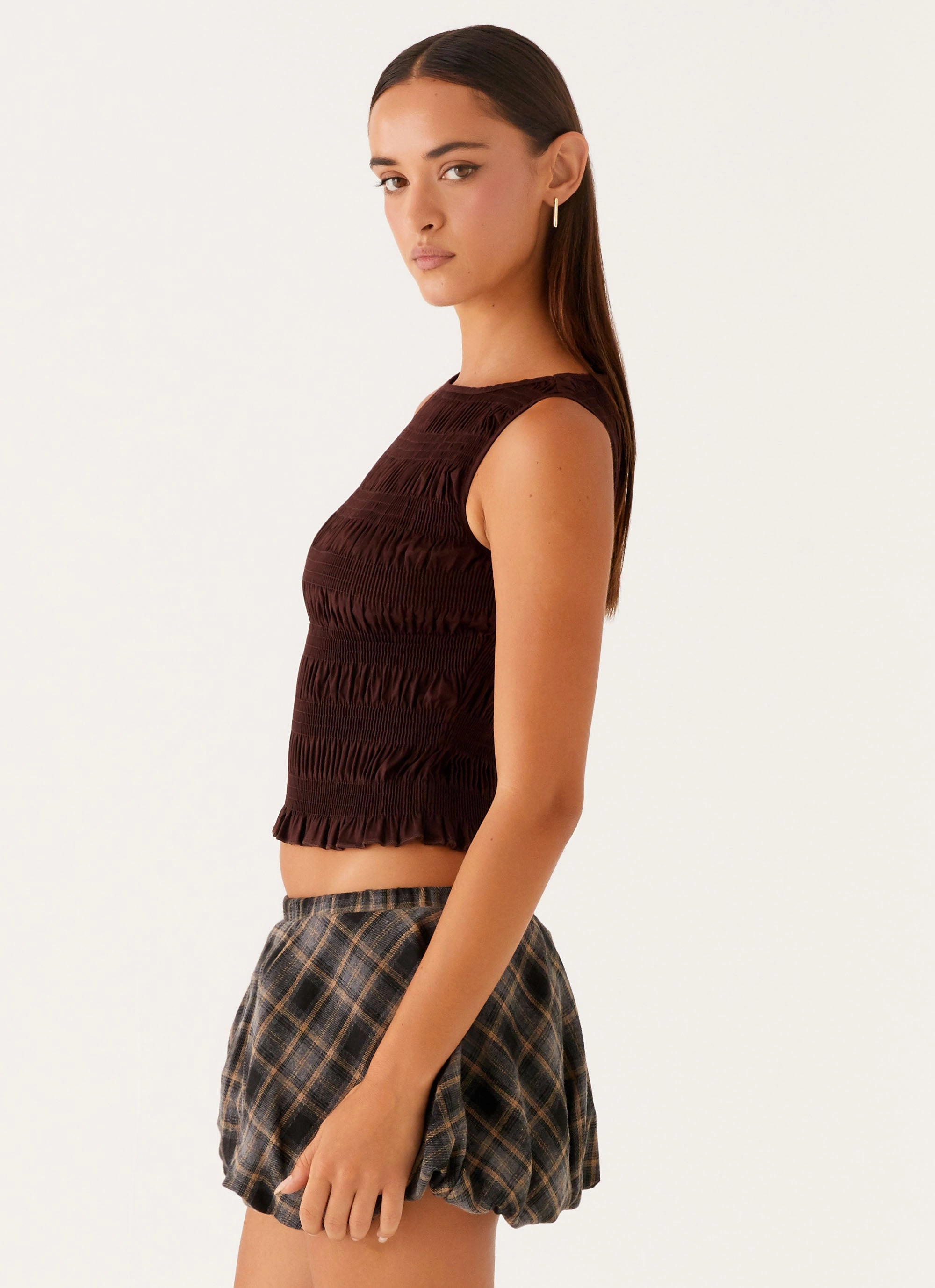 Tencel Cotton Hybrid Weave Garden Kisses Shirred Top - Brown