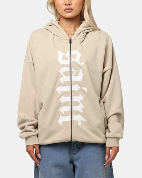 Reflective Accent Trim Smooth Stitching Saint Morta Gothic Distressed Zip Hoodie Stone