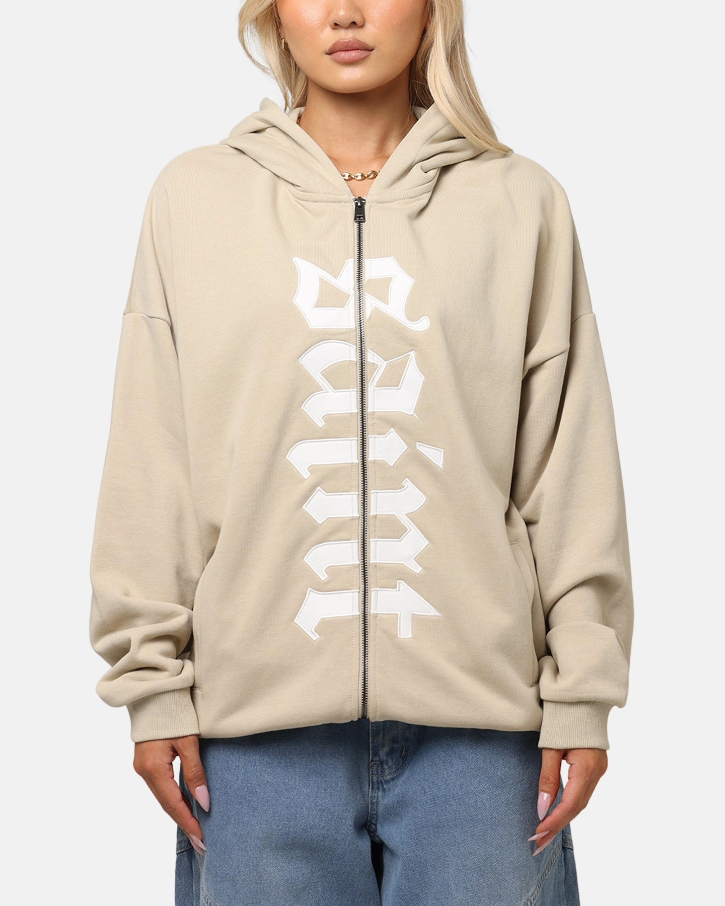 Reflective Accent Trim Smooth Stitching Saint Morta Gothic Distressed Zip Hoodie Stone