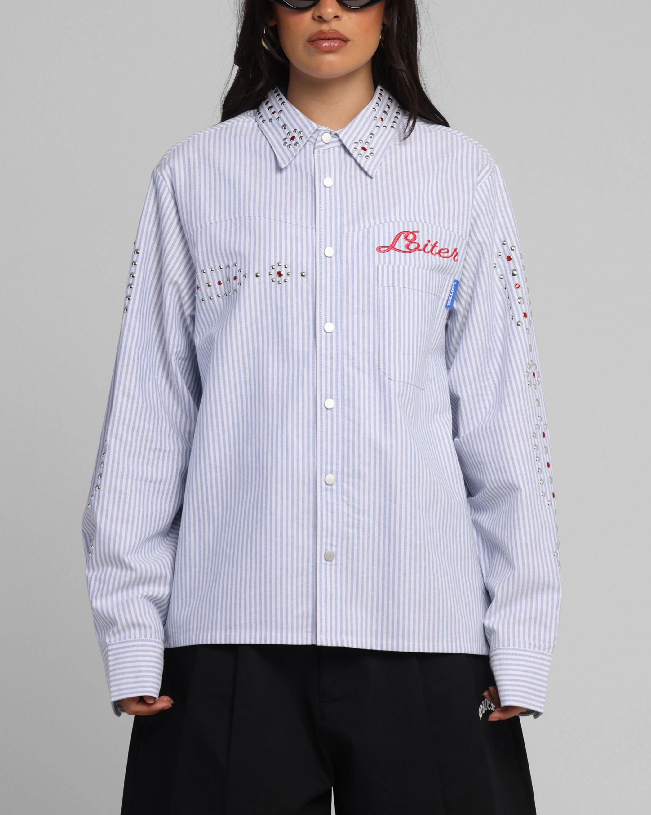 Loiter Western Long Sleeve Button Up Shirt Blue/White ContrastStitching NonRestrictive Cut