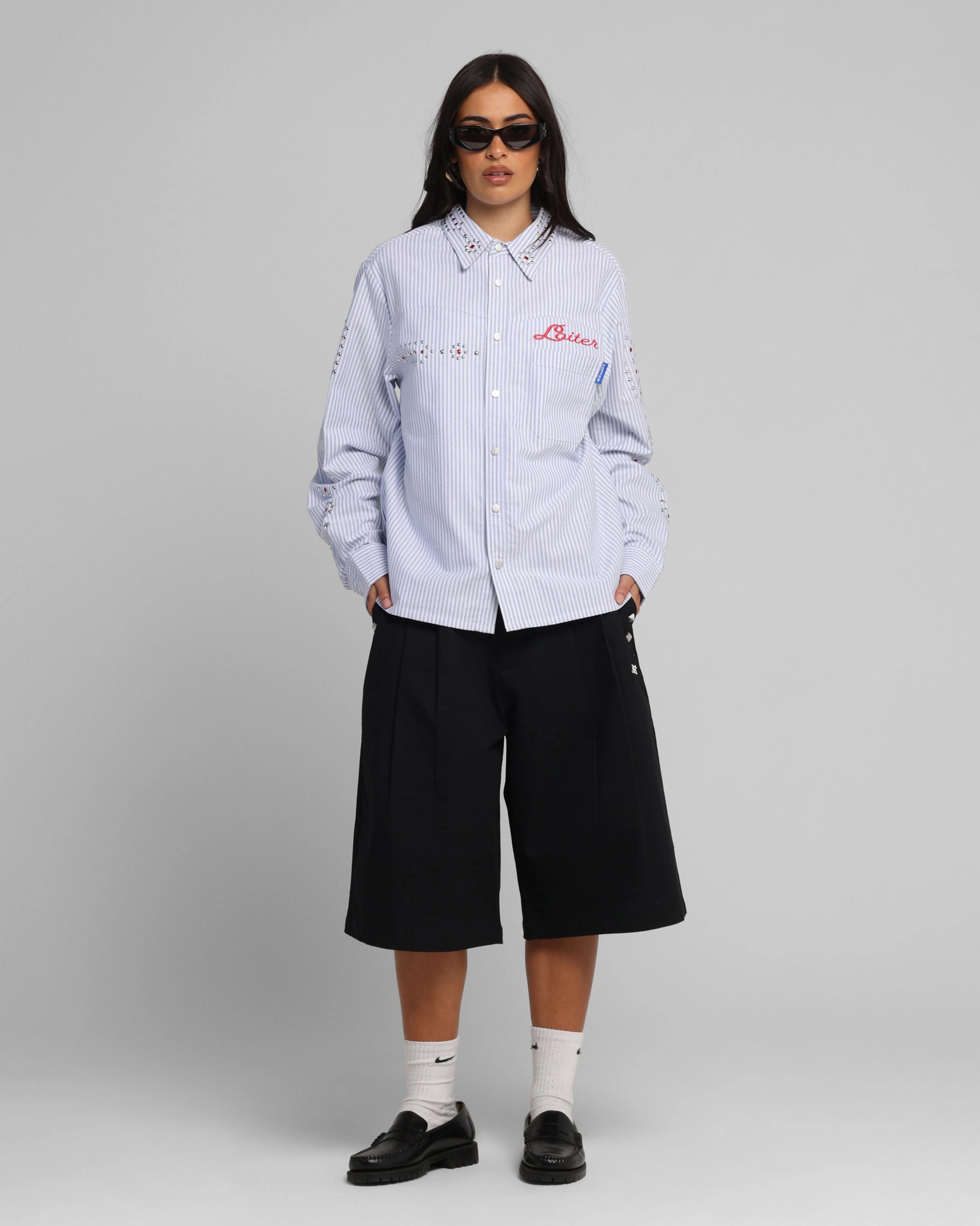 Loiter Western Long Sleeve Button Up Shirt Blue/White Flatlock Seam Technique NonFade Dye