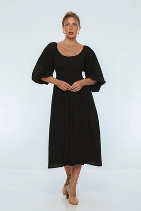 Love Energy Lightweight-Comfort Genevieve Puff Sleeve Midi Dress