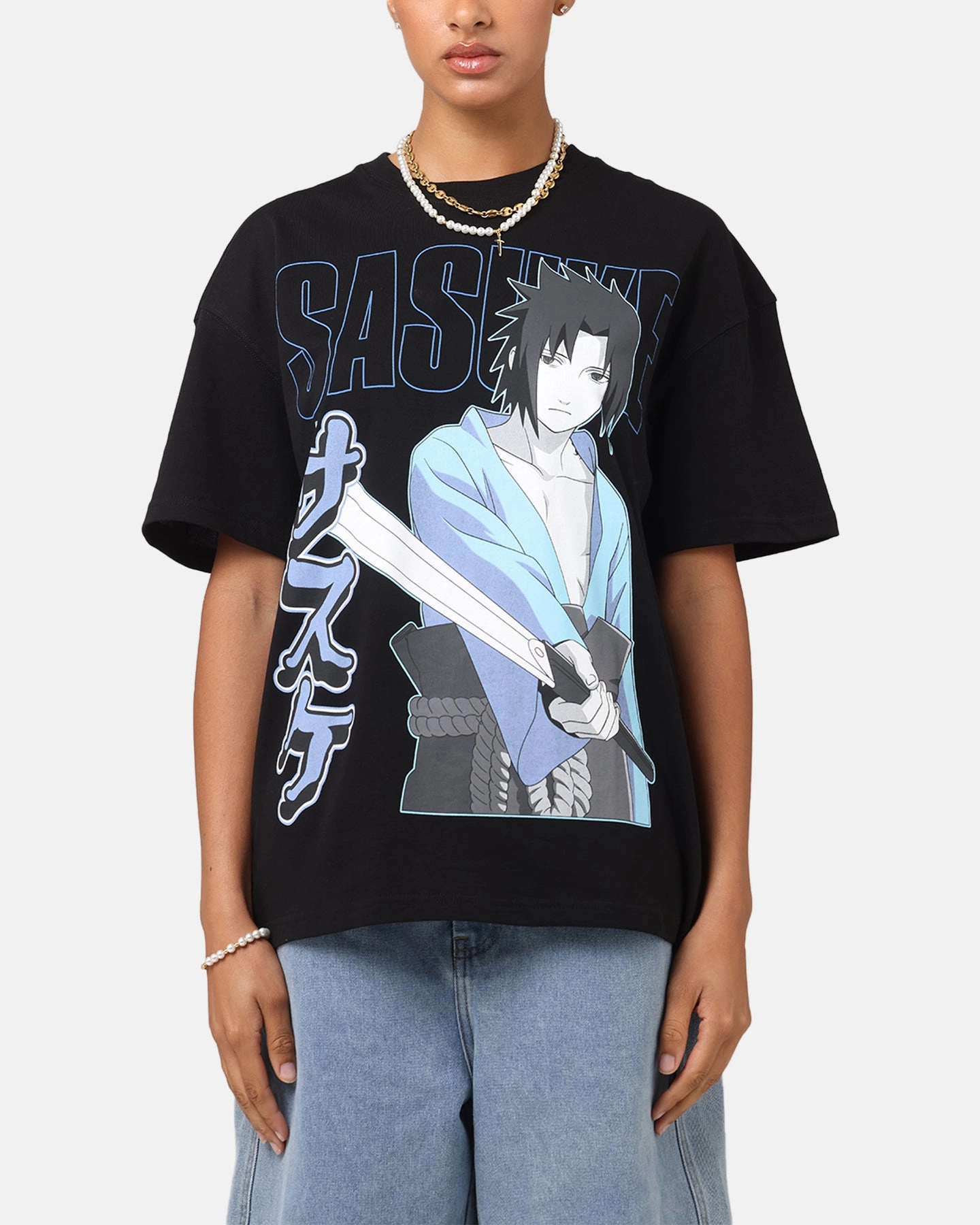 Snag Proof Weave Goat Crew X Naruto Sasuke T-Shirt Black