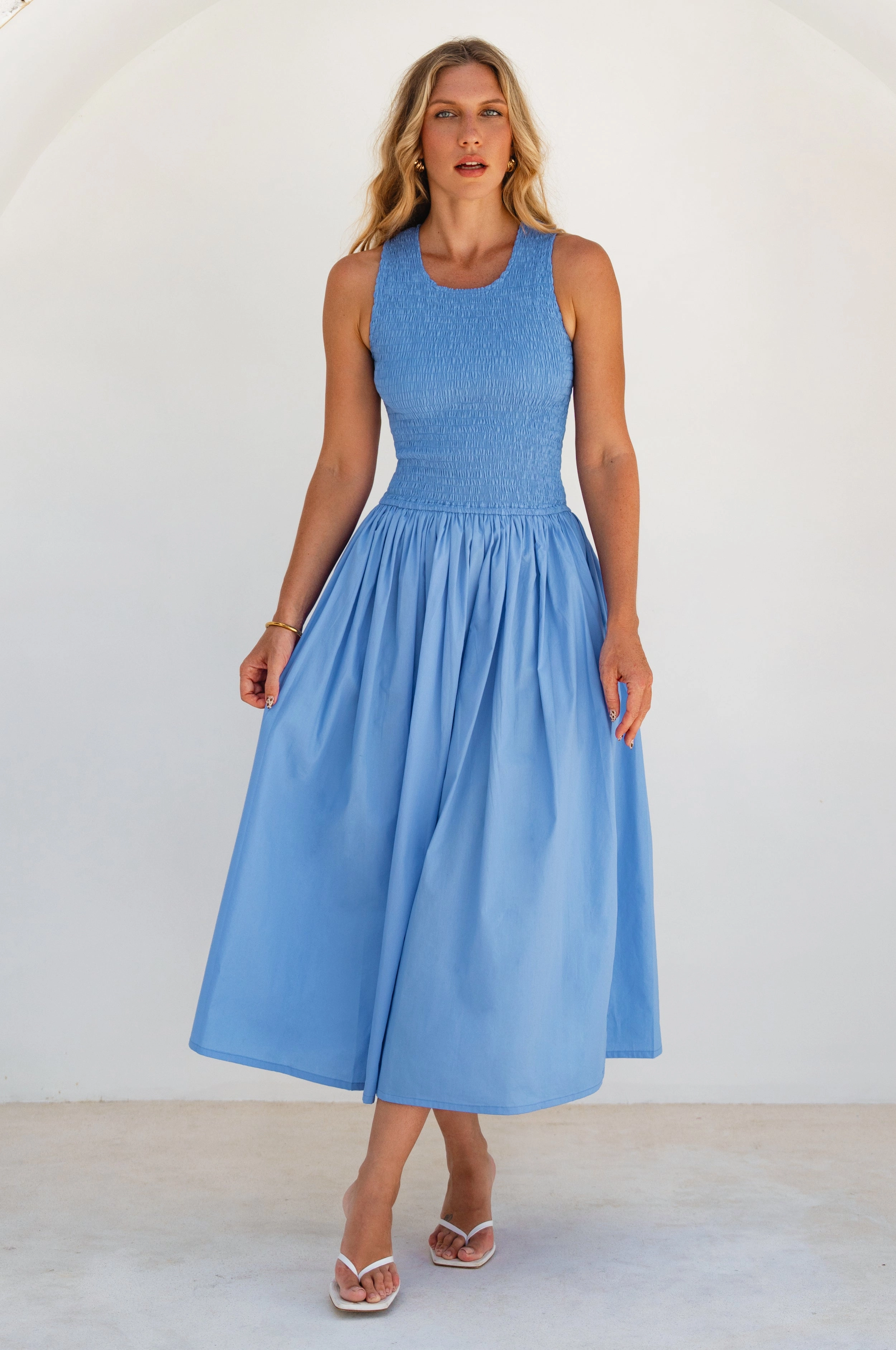 Lucciola Smocked Cotton Midi Dress Grace Soft Wool-Blend