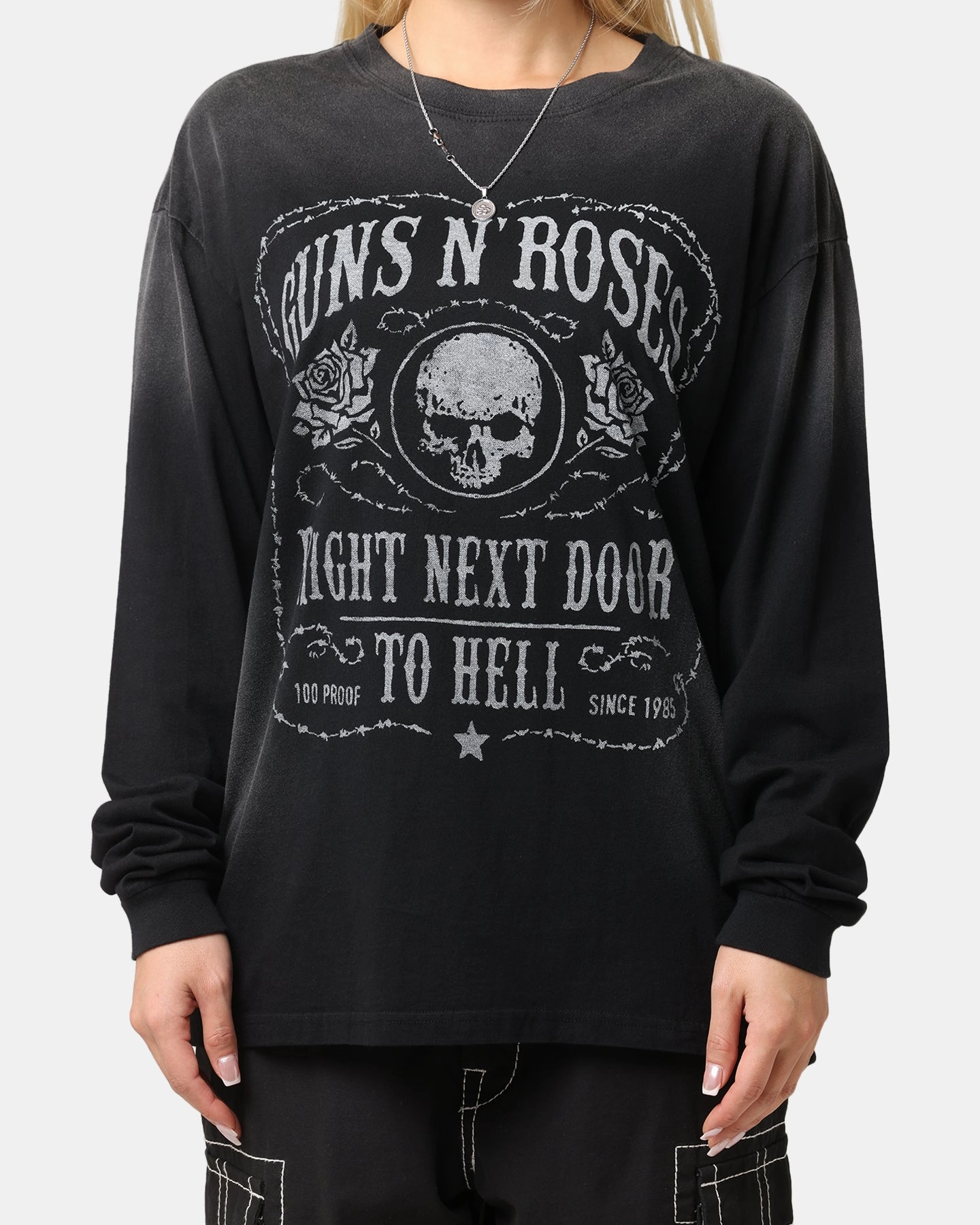 Guns N Roses Next Door To Hell Long Sleeve T-Shirt Washed Black LoopwheelFabric PocketDetails