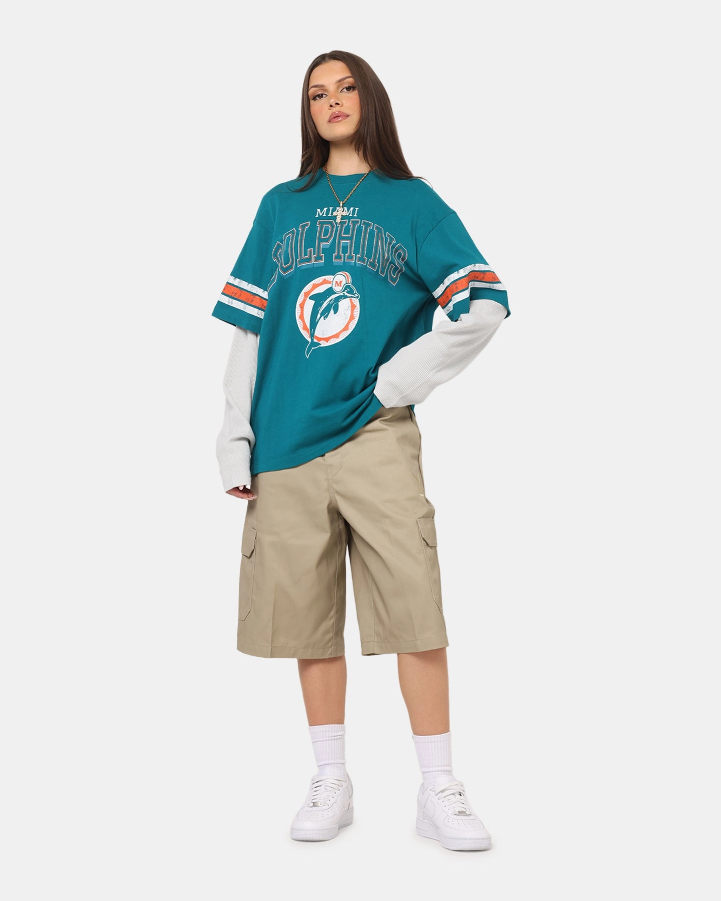 Formal Blouse Mitchell & Ness Miami Dolphins Waffle Mock Layer Long Sleeve T-Shirt Teal