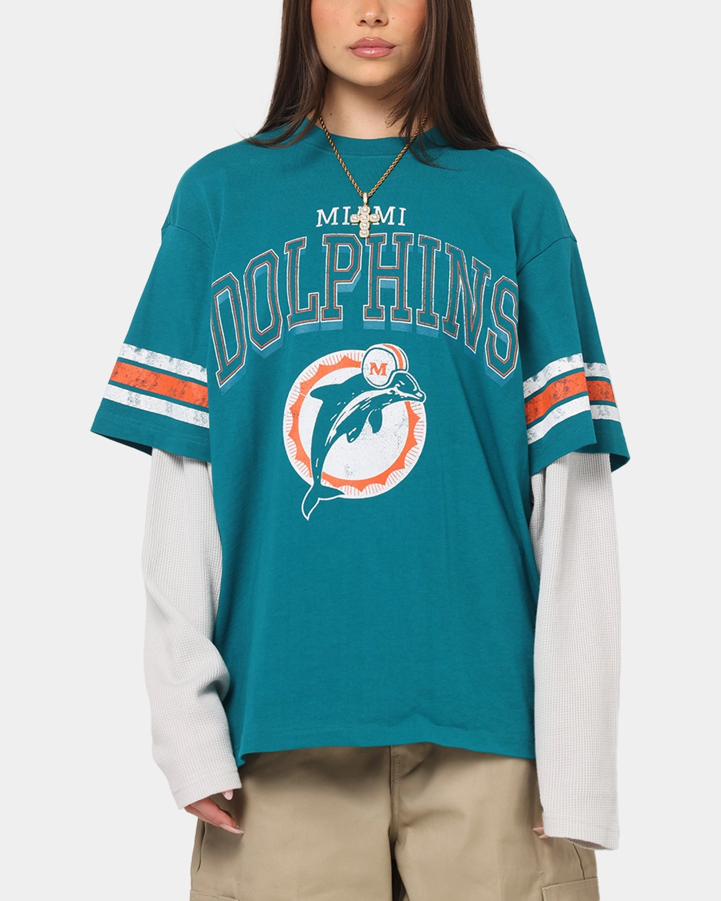 Mitchell & Ness Miami Dolphins Waffle Mock Layer Long Sleeve T-Shirt Teal Soft Touch Feel RecycledBlend