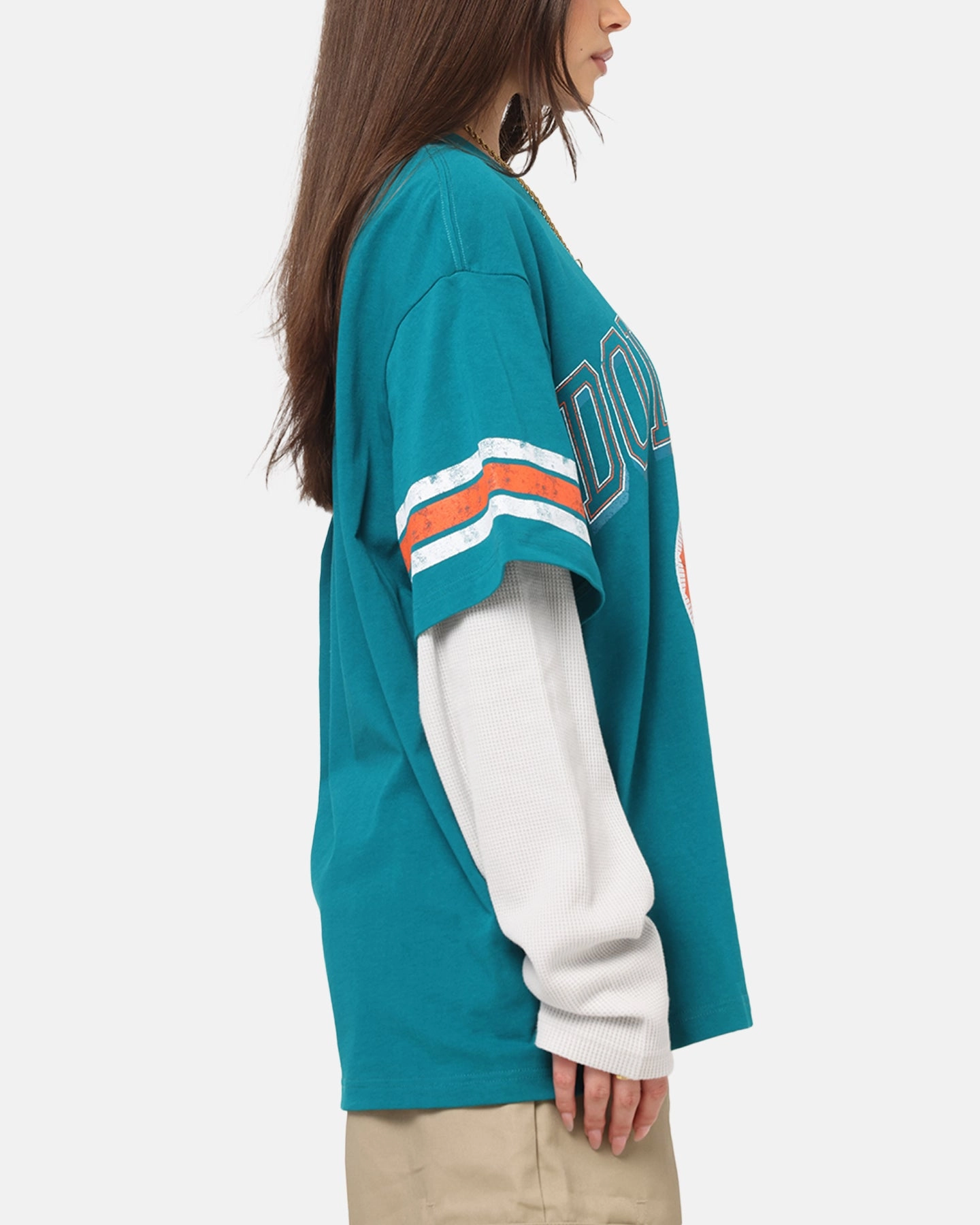 Mitchell & Ness Miami Dolphins Waffle Mock Layer Long Sleeve T-Shirt Teal TaglessLabel Ultra Soft Texture
