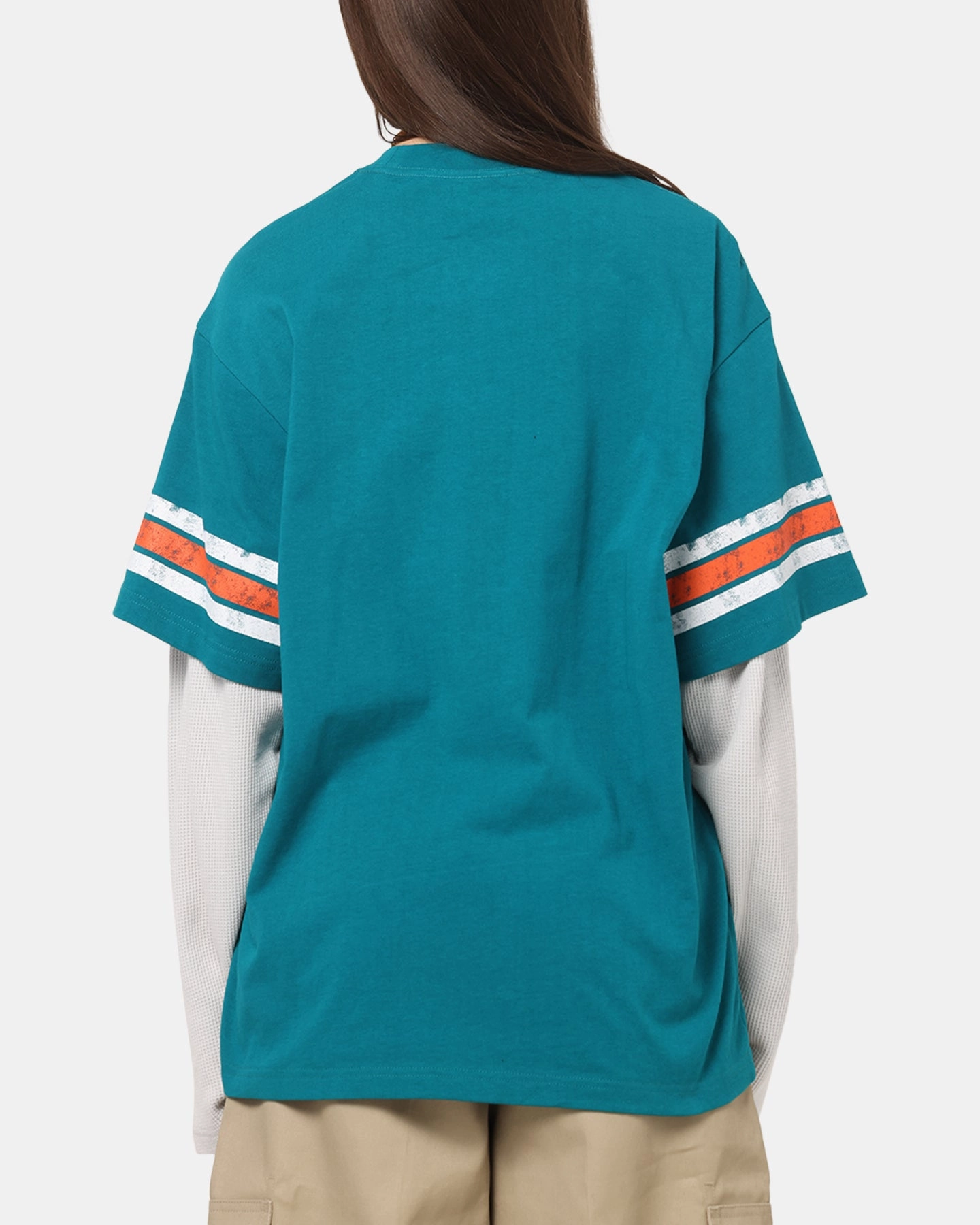 Stretch Knit Material Mitchell & Ness Miami Dolphins Waffle Mock Layer Long Sleeve T-Shirt Teal