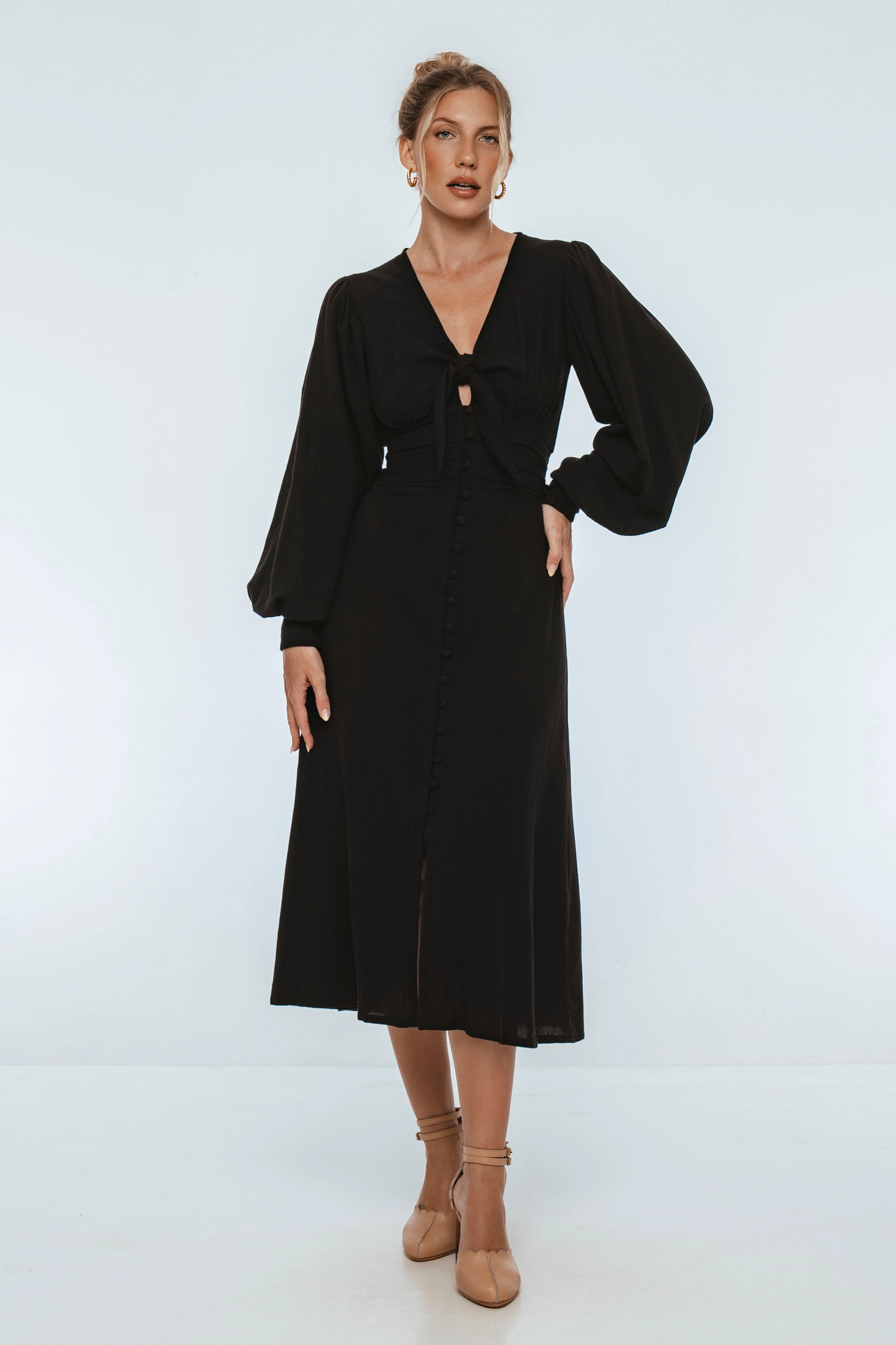 Velvet Sky Long Sleeve Linen Midi Dress Lightweight Comfort Contemporary Fit
