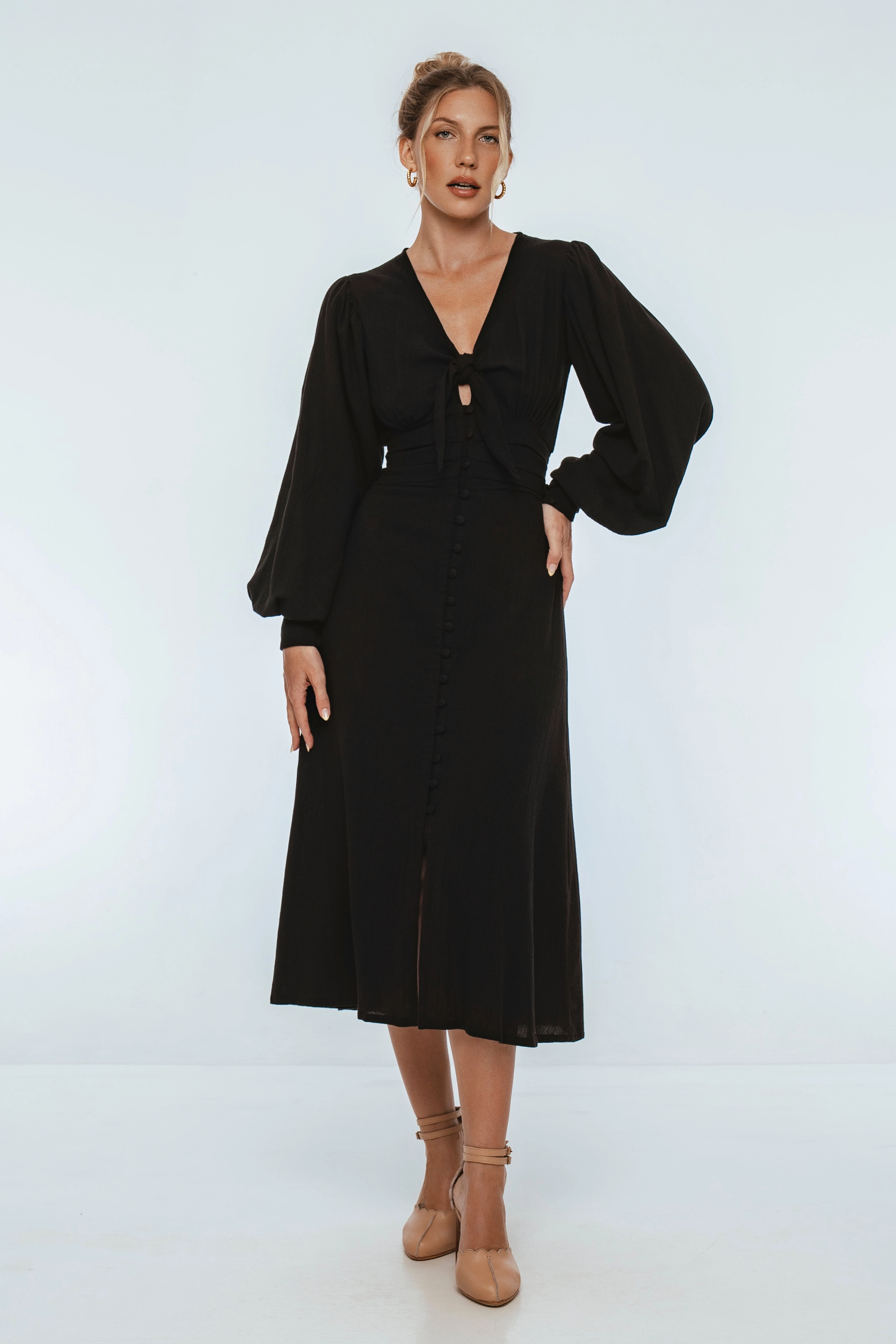Velvet Sky Long Sleeve Linen Midi Dress EasyCareMaterial