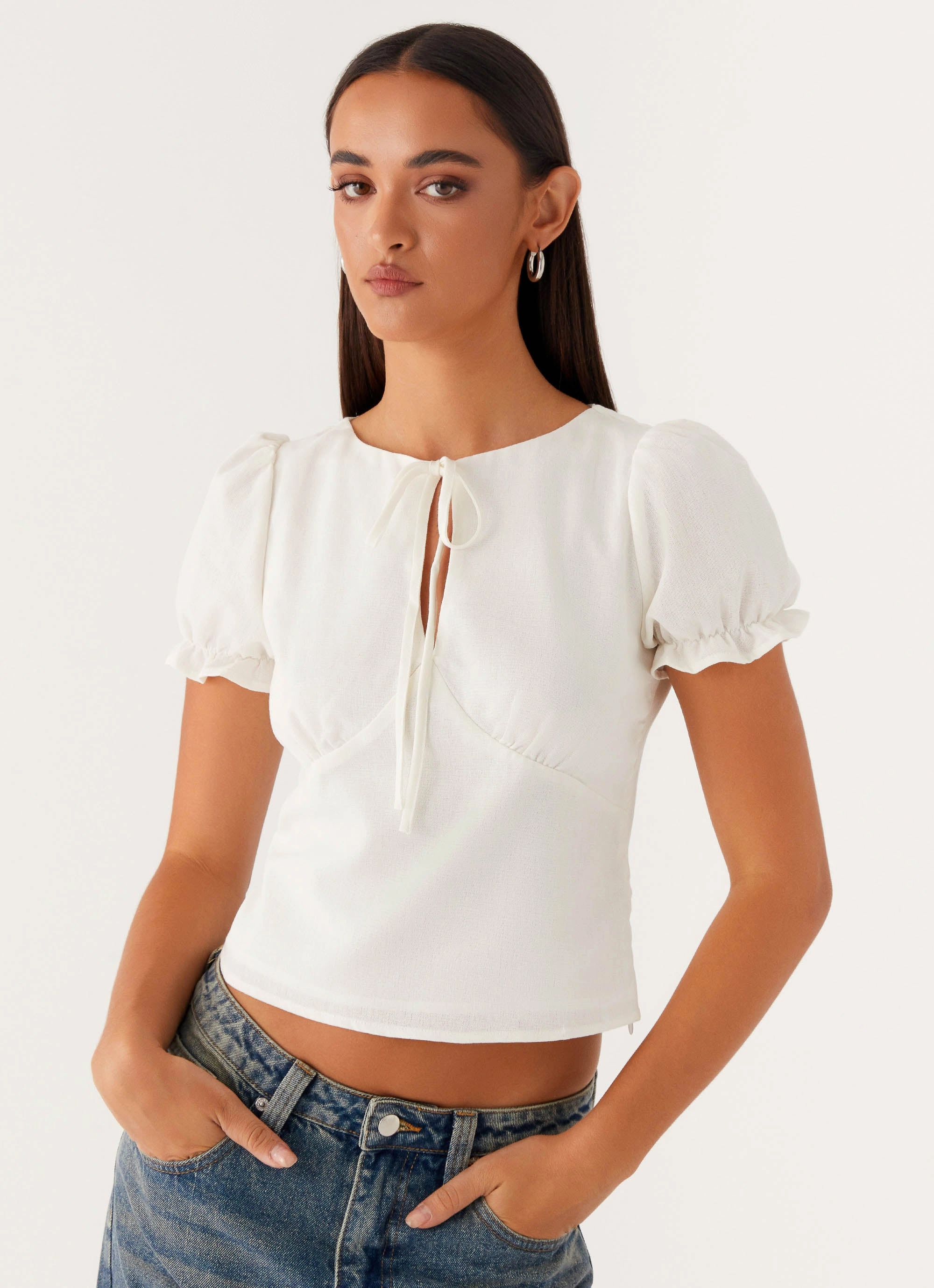 Contrast Stitching These Words Puff Sleeve Top - White