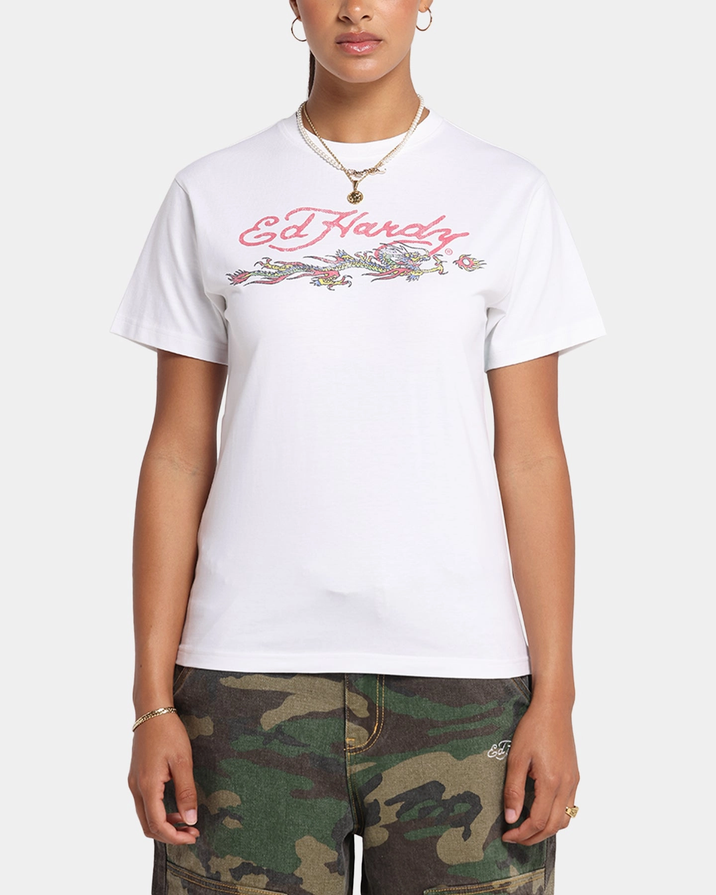 Ed Hardy Rising Dragon Vintage T-Shirt White Textured Fabric Finish