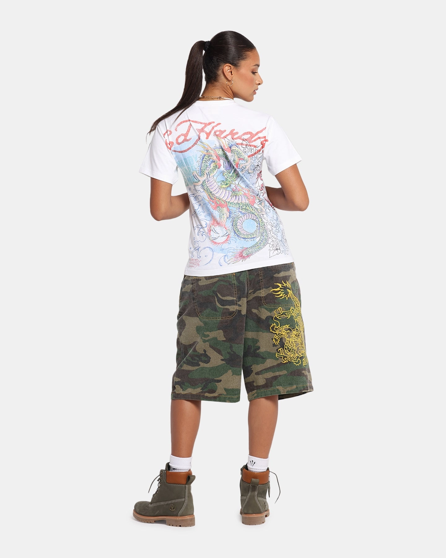 Ed Hardy Rising Dragon Vintage T-Shirt White Reverseble Design Casual Style