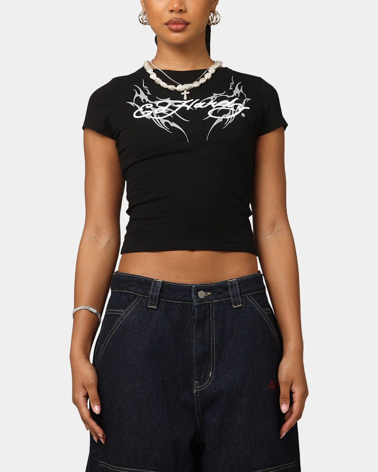 Ed Hardy Women's Tribal Baby T-Shirt Black HighStrength Threadwork OdorResistantTechnology