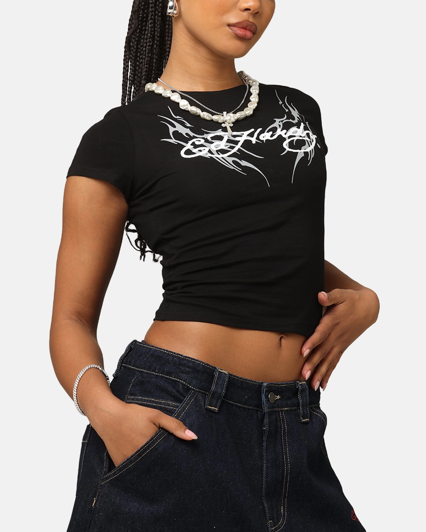 Ed Hardy Women's Tribal Baby T-Shirt Black StretchMaterial Yarn Dyed Pattern Cloth