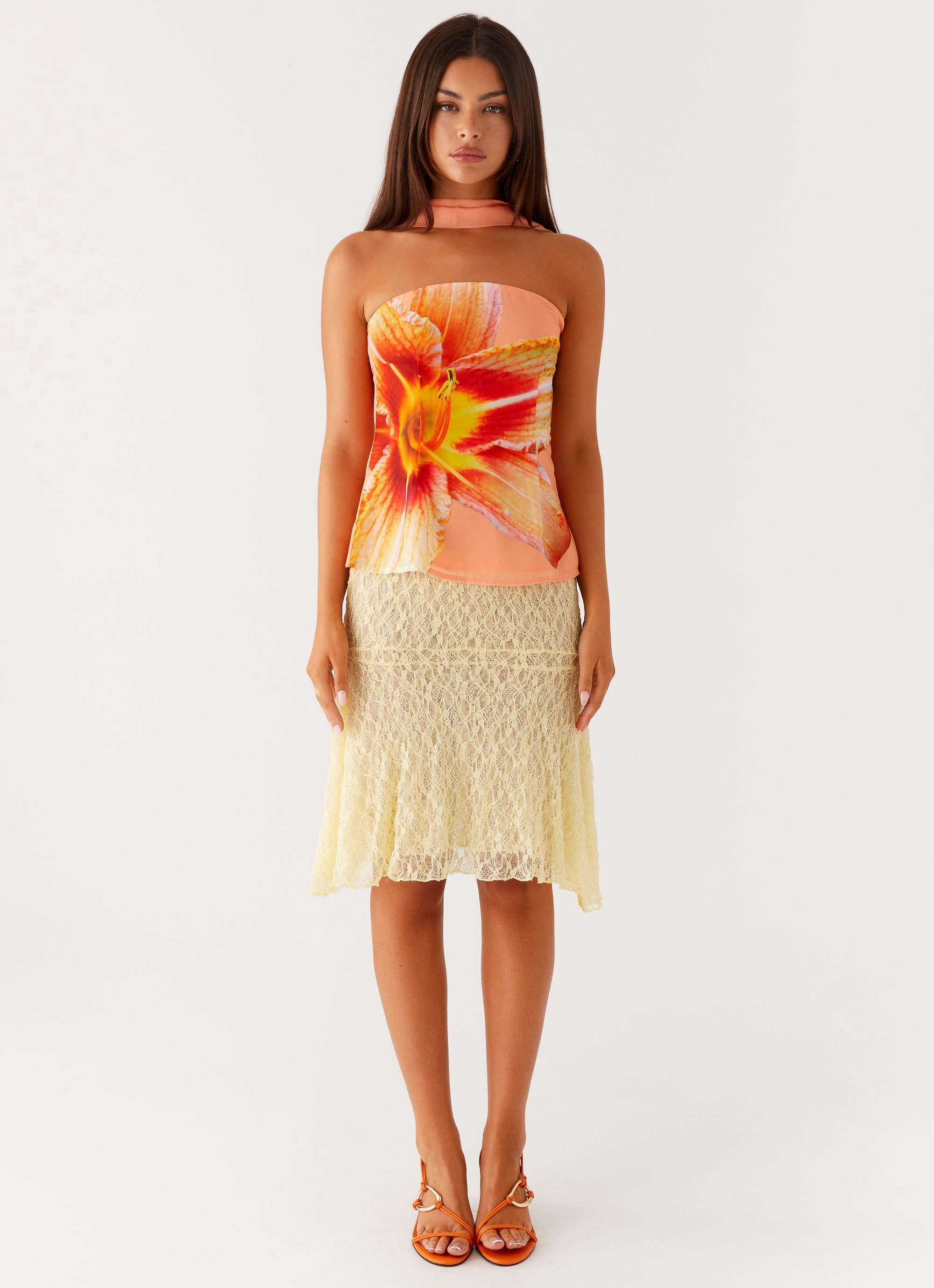 Blaise Scarf Top - Orange Floral NonIrritating Stitching Low Profile Collar