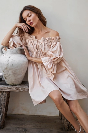 Vacay Off Shoulder Cotton Mini Dress (Sale) Side Ruching Texture Soft