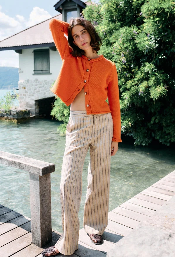 Drop Shoulder Silhouette Contrast Stitch Doris Cardigan Persimmon Wool