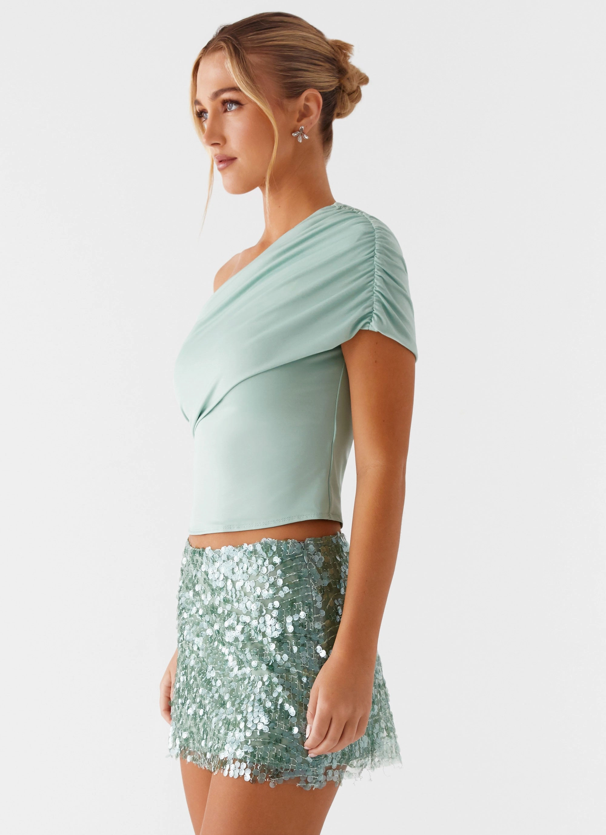 Islington One Shoulder Top - Mint Breathable Mesh Insert