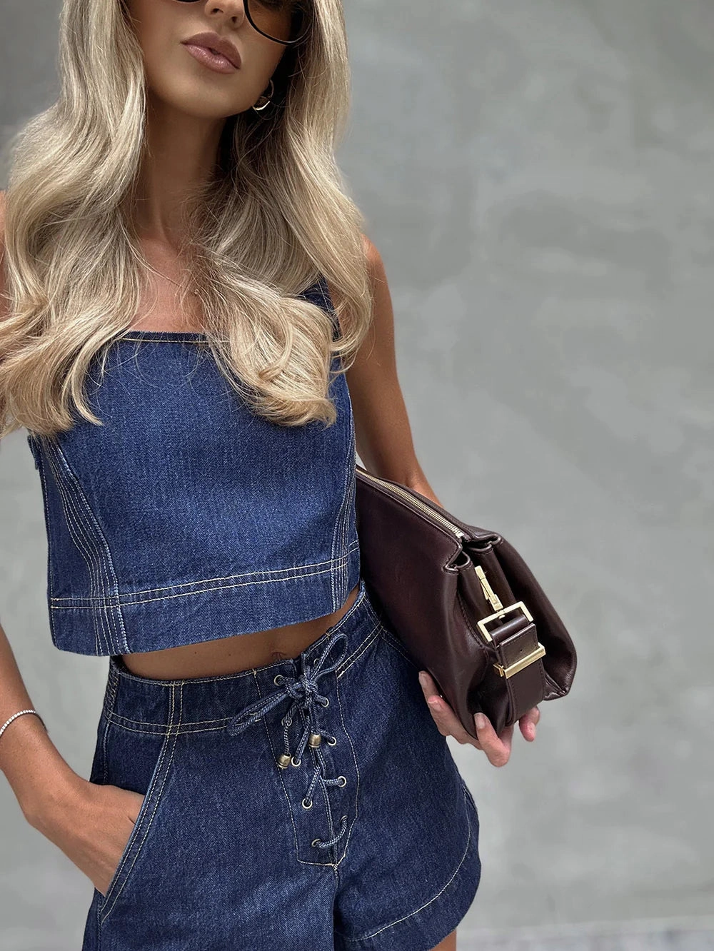 Joelle Denim Top Cozy Sweatshirt Adjustable Fit System