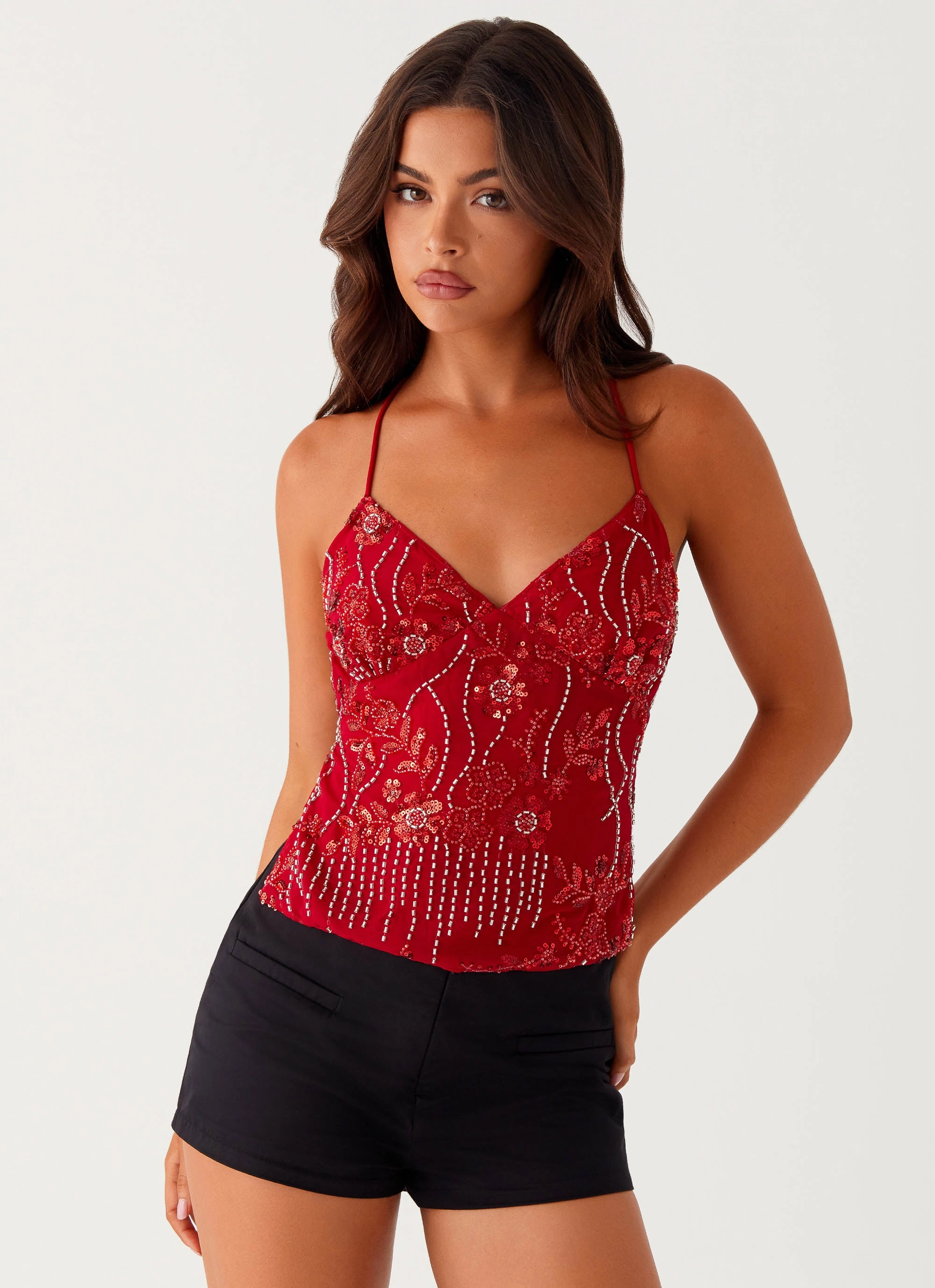LayeredStyling Kamilla Sequin Cami Top - Red