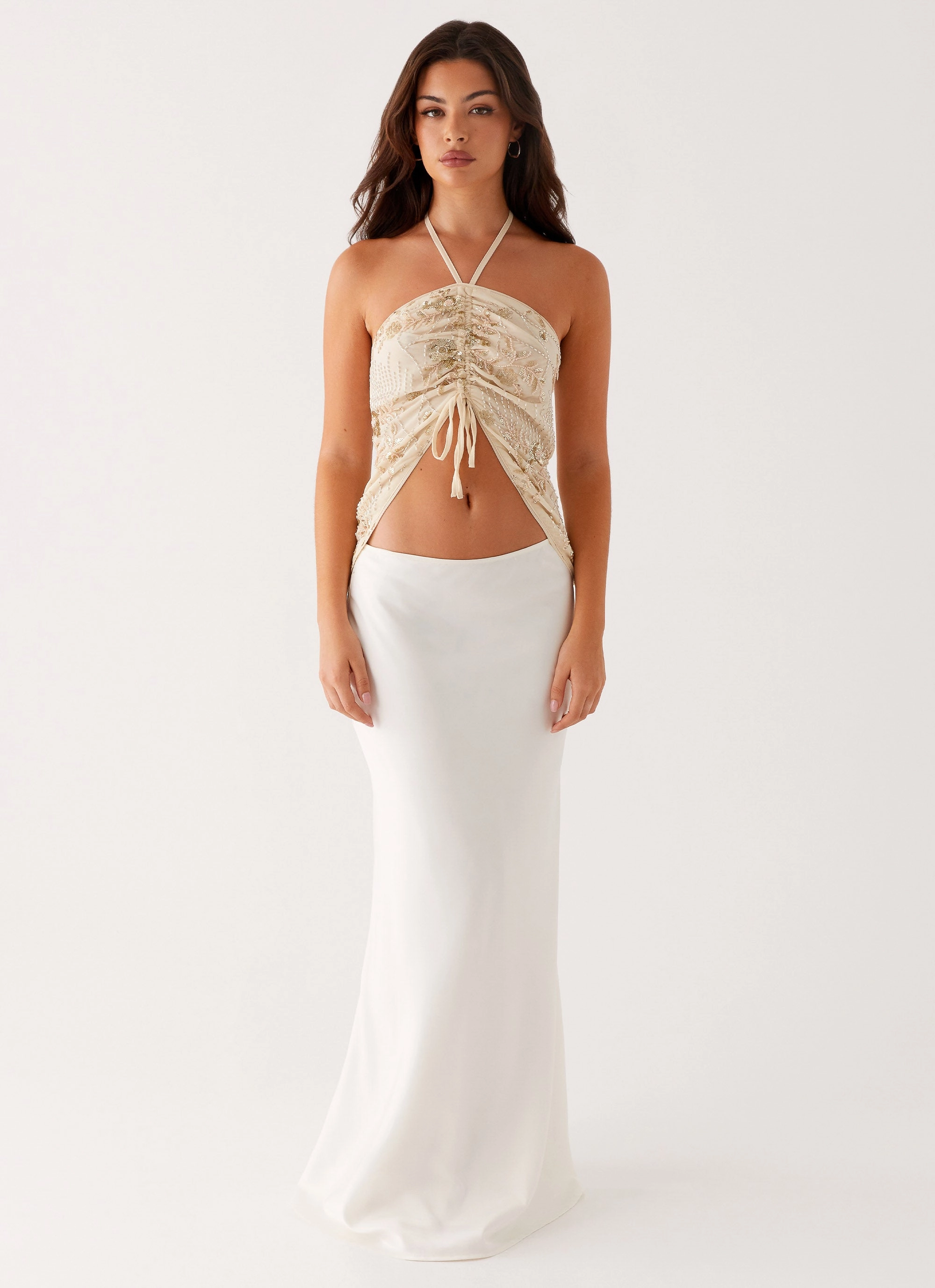 SeamlessDesign Kirrily Beaded Halter Top - Ivory