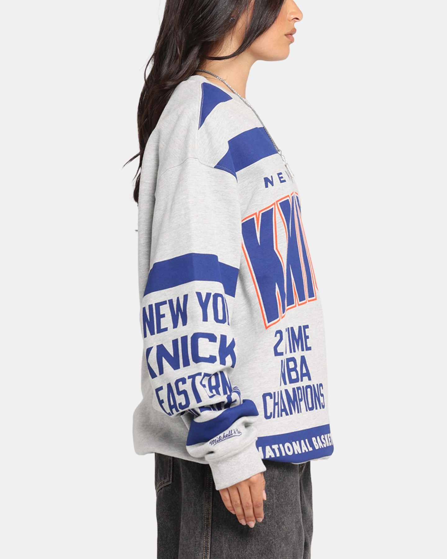 Mitchell & Ness New York Knicks Letterform Crewneck Grey Marle/Official Team Color Breathable Design AbrasionResistant Finish